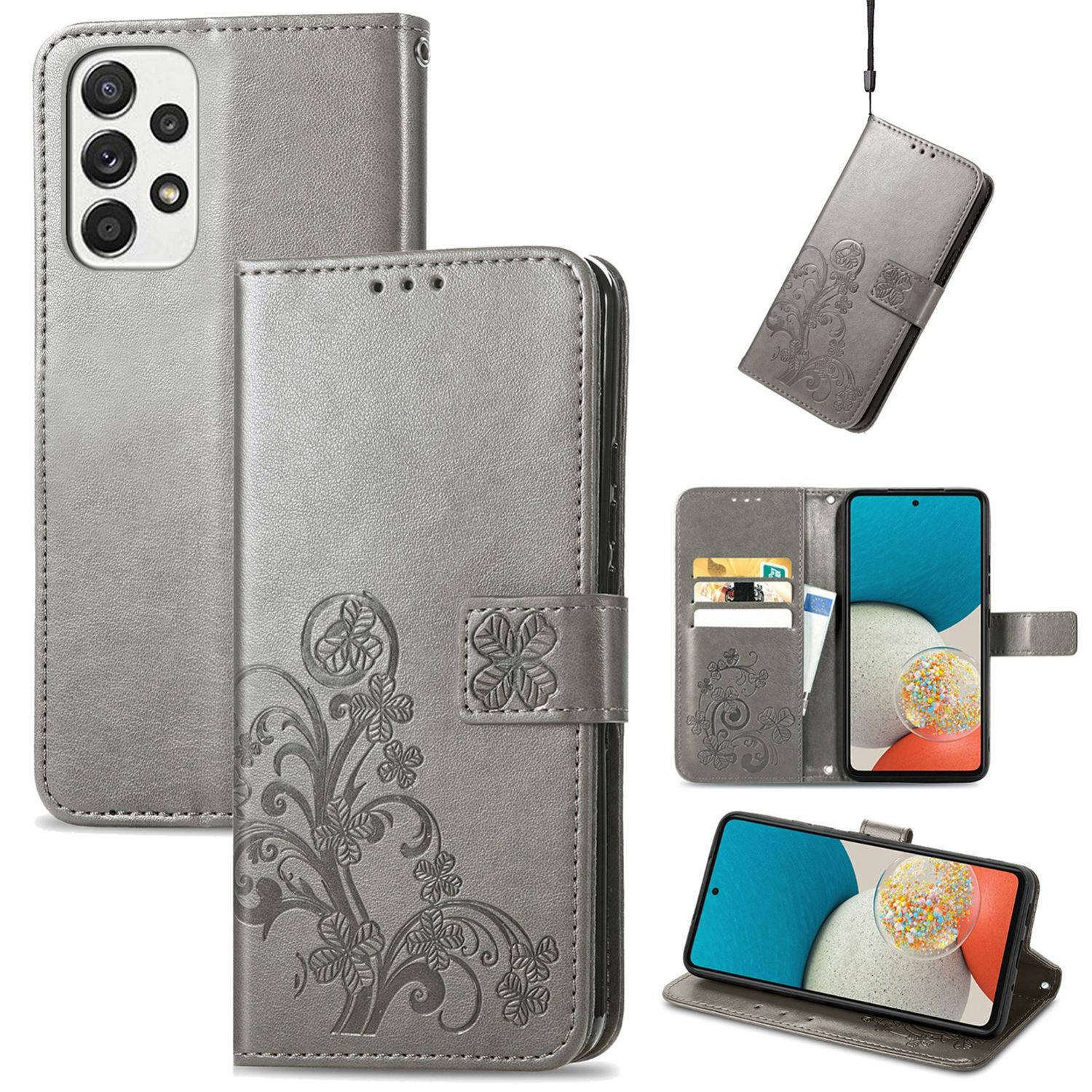 Graue Handyhülle offen, zeigt ein Telefon. Es hat ein Blumenmuster und einen Verschluss.