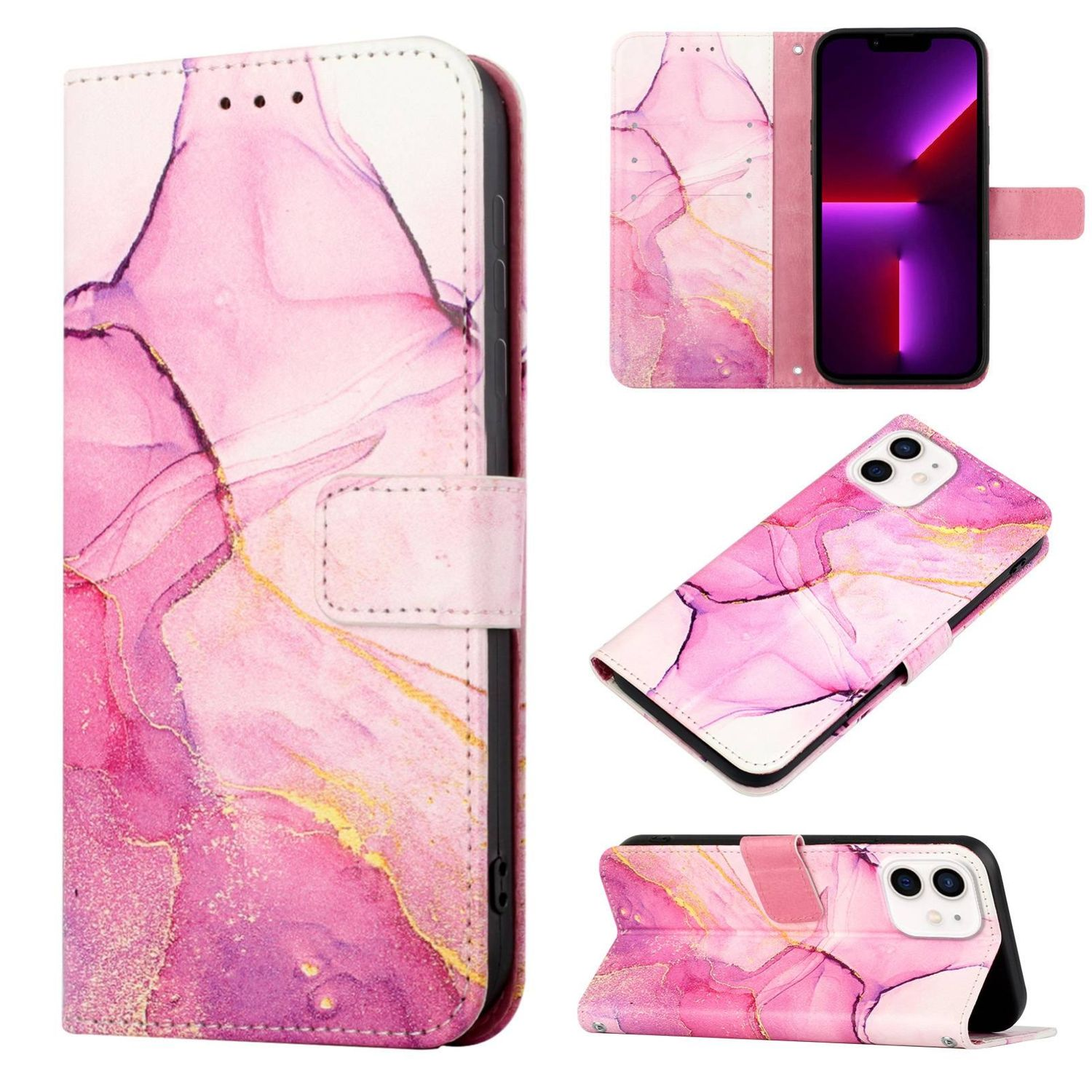 Handyhülle mit rosa Marmordesign. Geöffnete und geschlossene Ansichten gezeigt. Weißer Hintergrund.