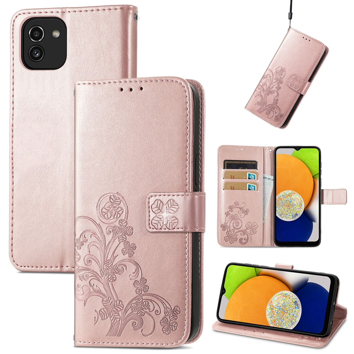 Rosa Handyhülle mit Blumendesign, offen und geschlossen gezeigt. Innen mit Kartenfächern und Telefon.