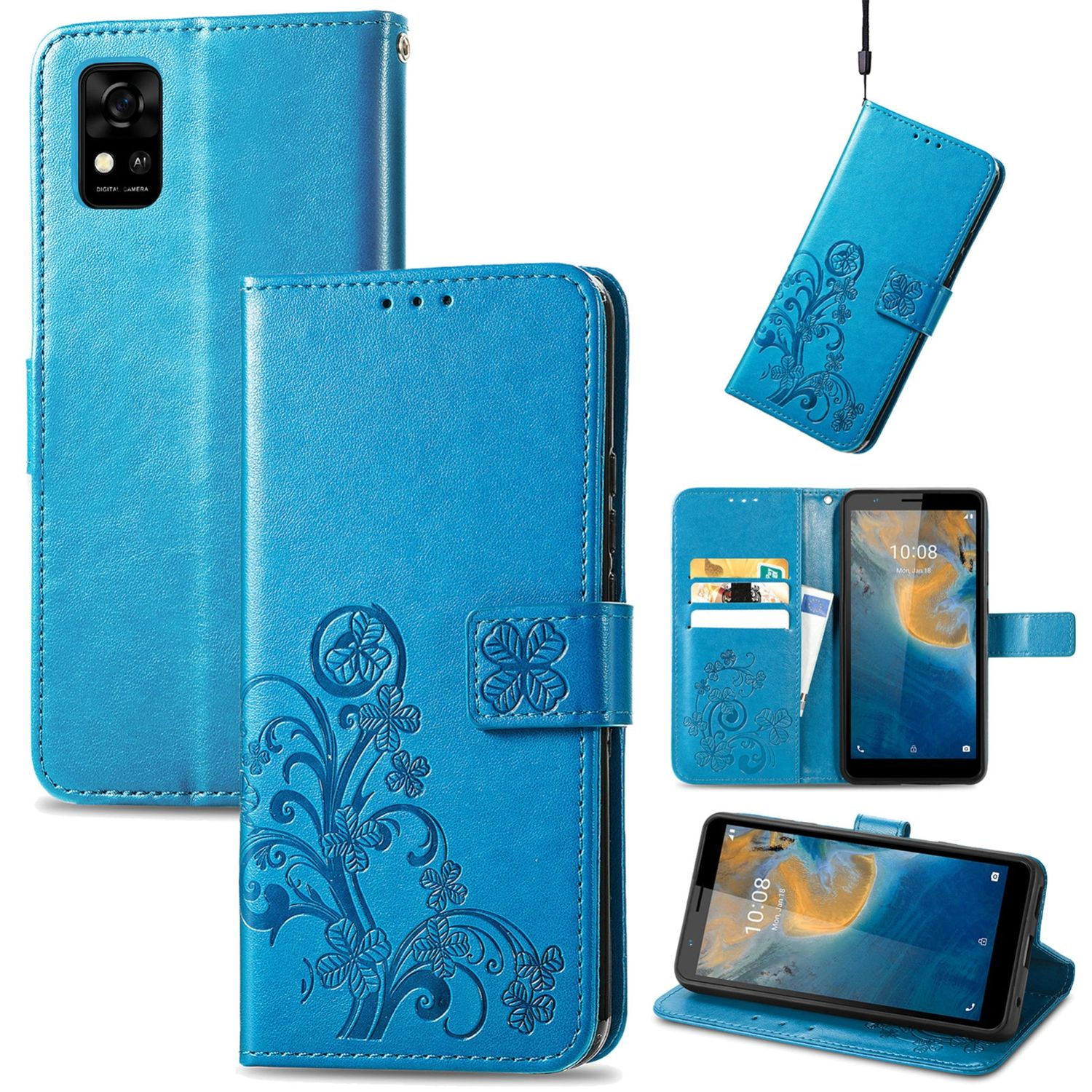 Blaue Handyhülle mit floralem Design, offene und geschlossene Ansicht. Telefon drin.