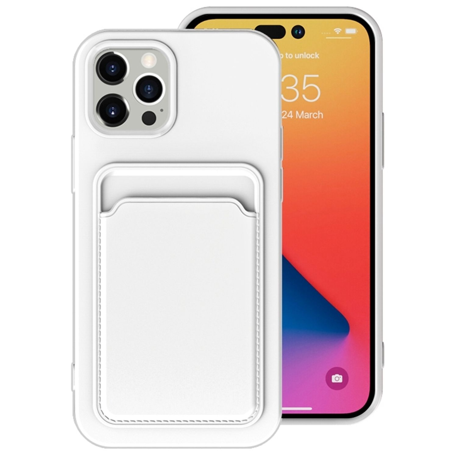 Weiße Handyhülle mit Kartenhalter. Telefon ist drin. Hintergrund zeigt das Display und die Kamera.