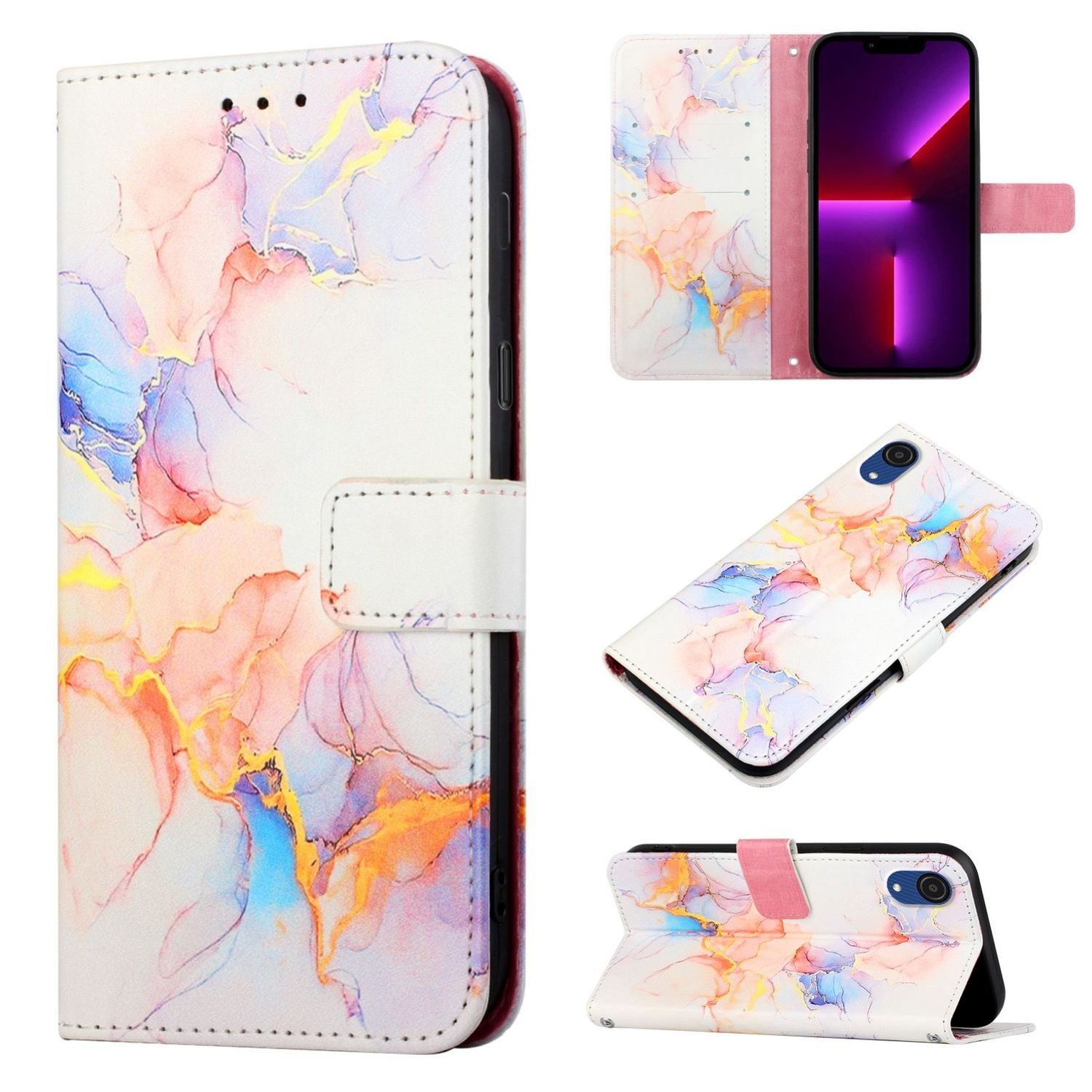 Handyhülle mit farbenfrohem Marmor-Design. Zeigt das Telefon in der Hülle. Weißer Hintergrund.