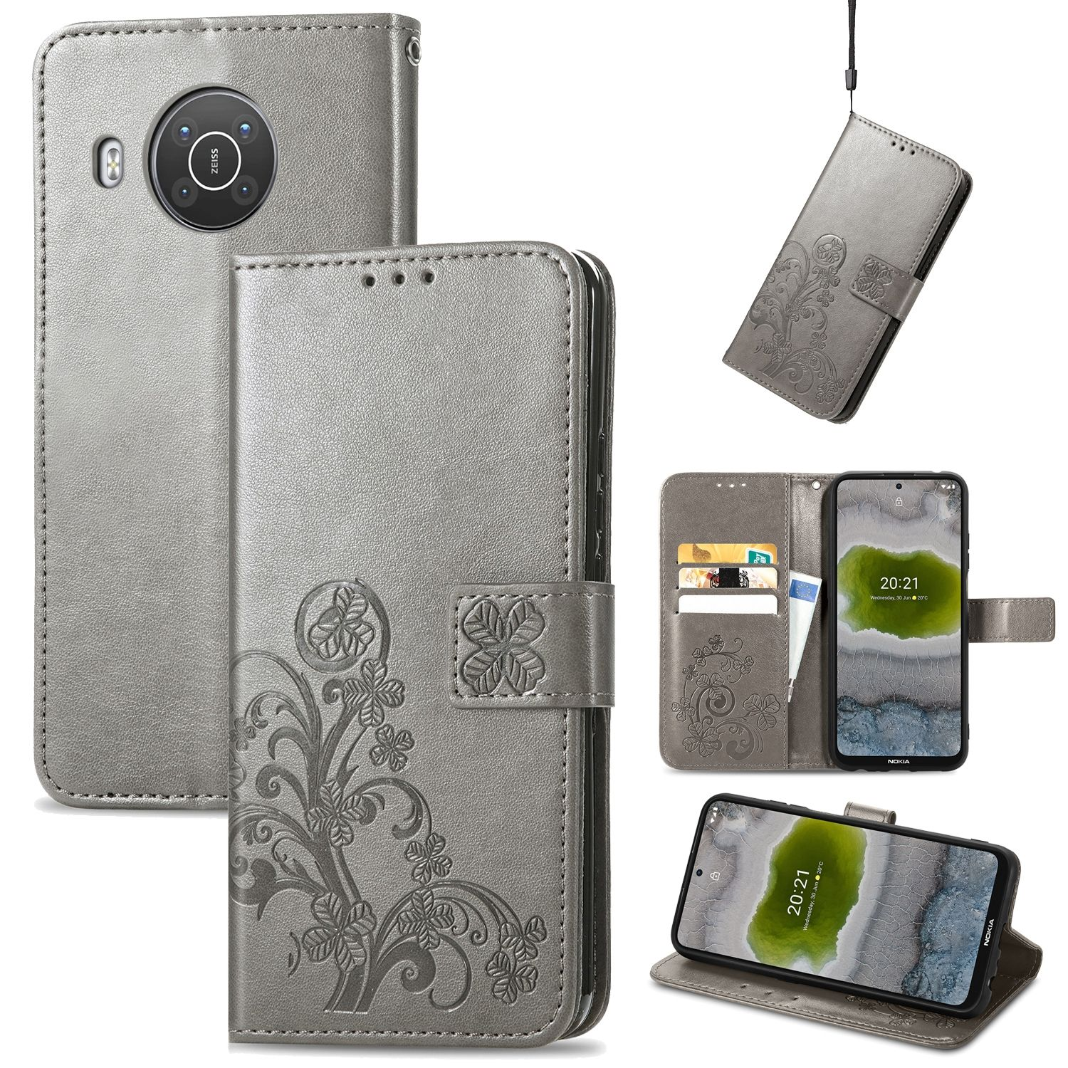 Graue Handyhülle mit Blumendesign. Mehrere Ansichten: offen, geschlossen, mit Telefon im Inneren.