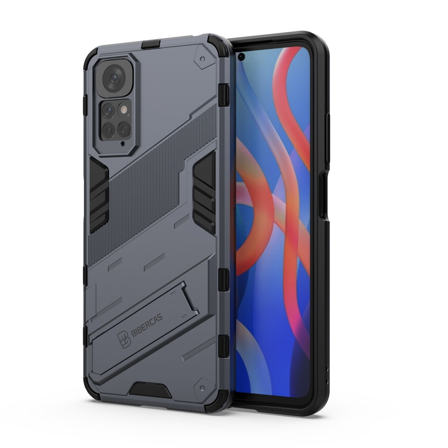 Grau-schwarze Handyhülle, robustes Design, bedeckt das Telefon.