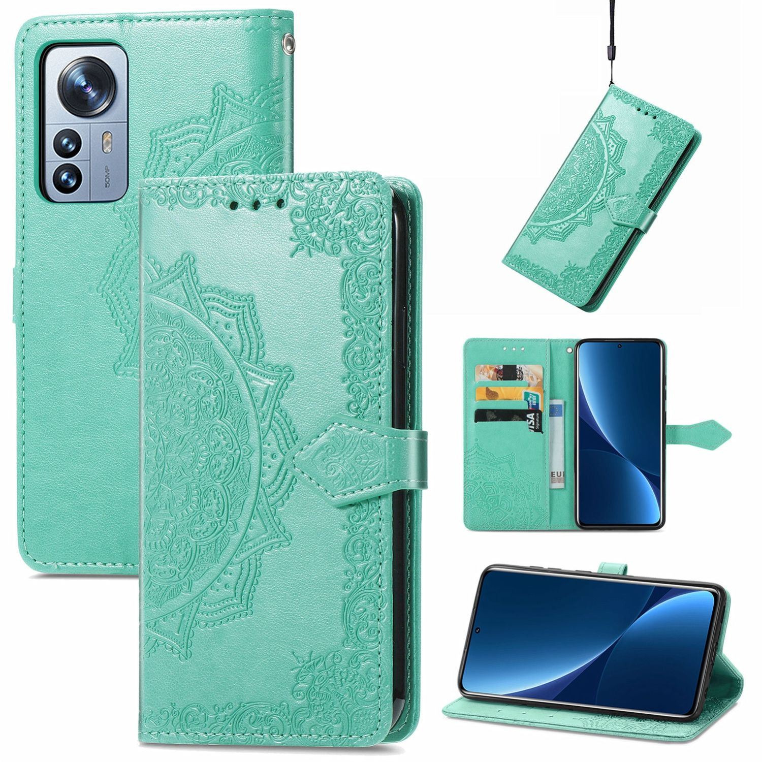 Minzgrüne Handyhülle mit Mandala-Design. Mehrere Ansichten. Telefon innen, mit Karten und offenem Cover.