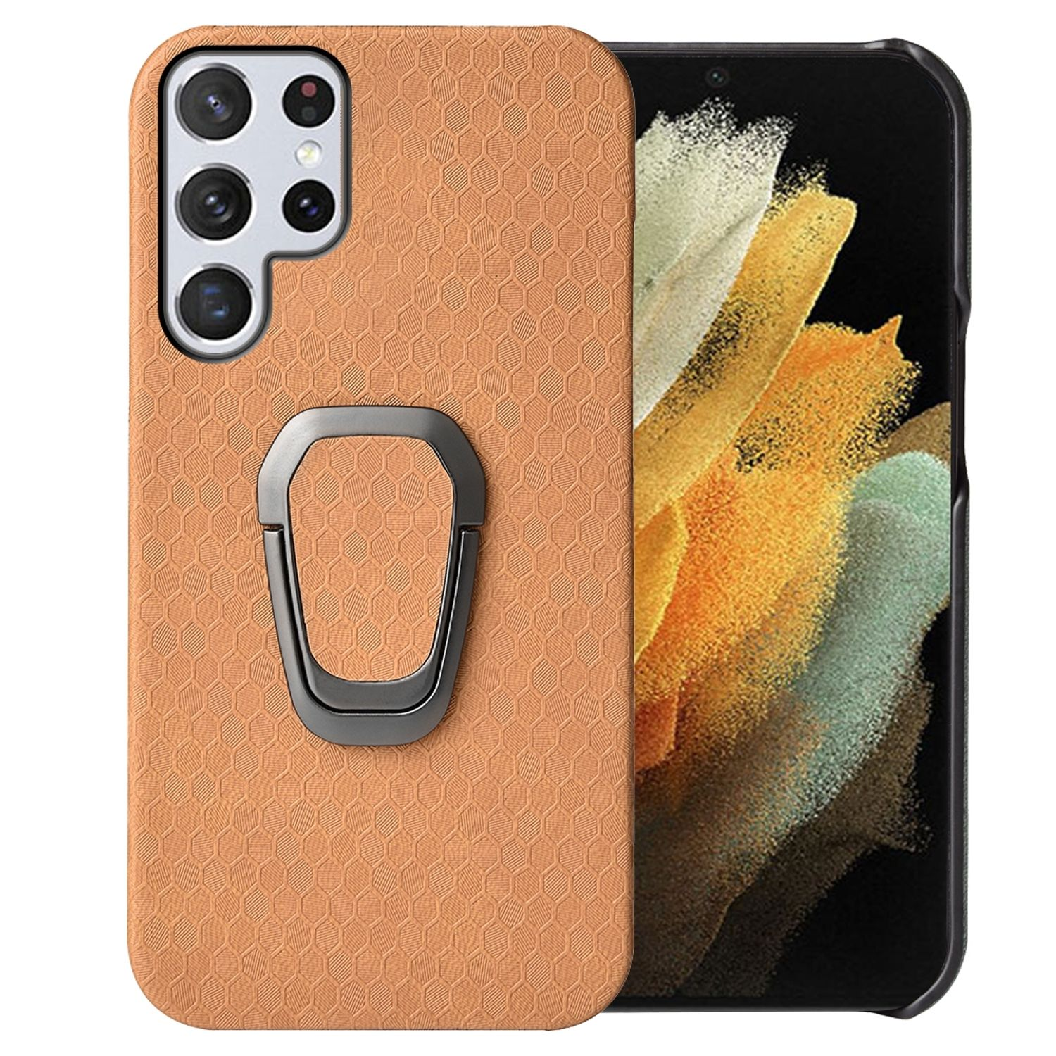 Eine Handyhülle mit Ringhalter und ein Telefon mit Bildschirm.
