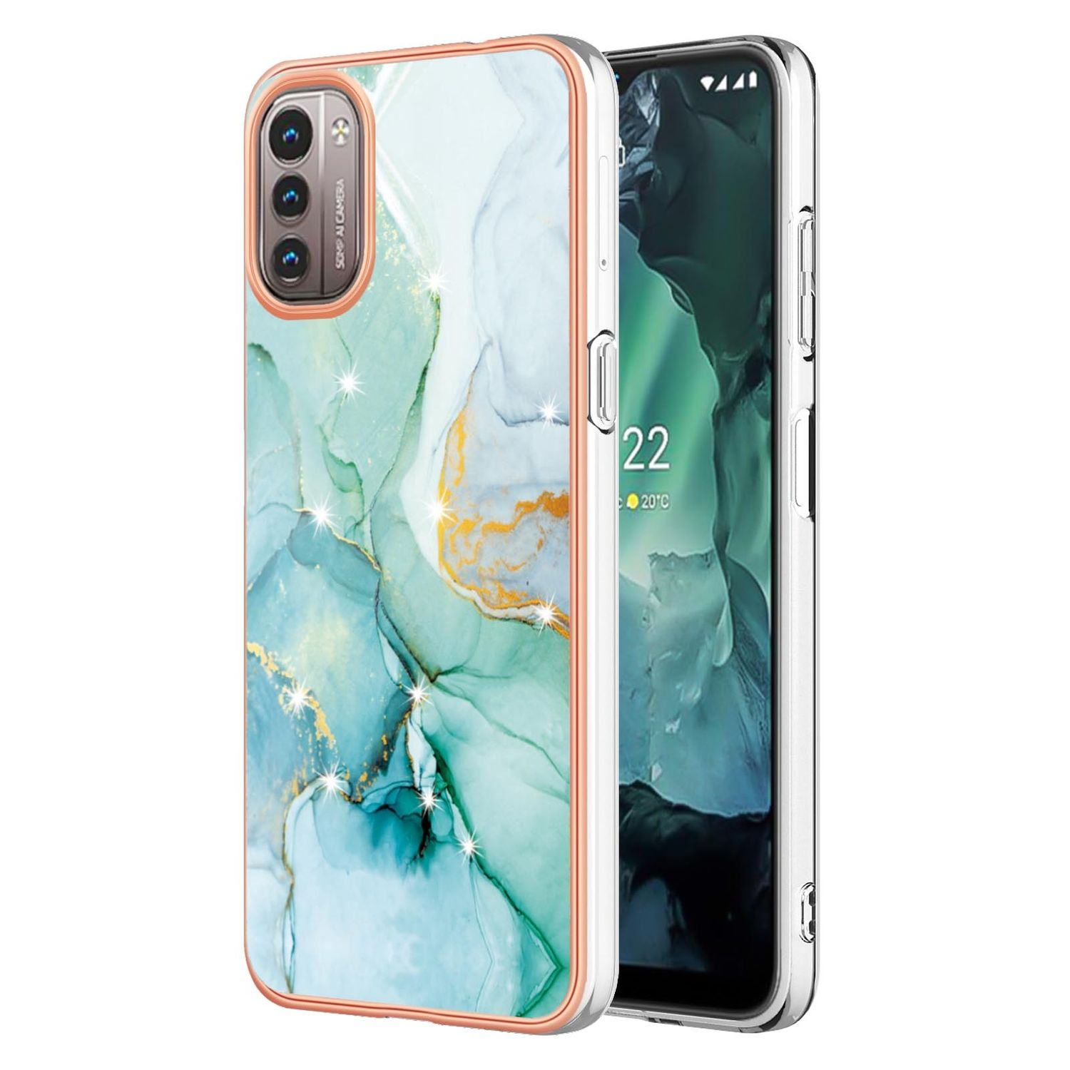 Eine Handyhülle mit Marmordesign in Türkis- und Goldfarben, mit einem Telefon darin, Nahaufnahme.