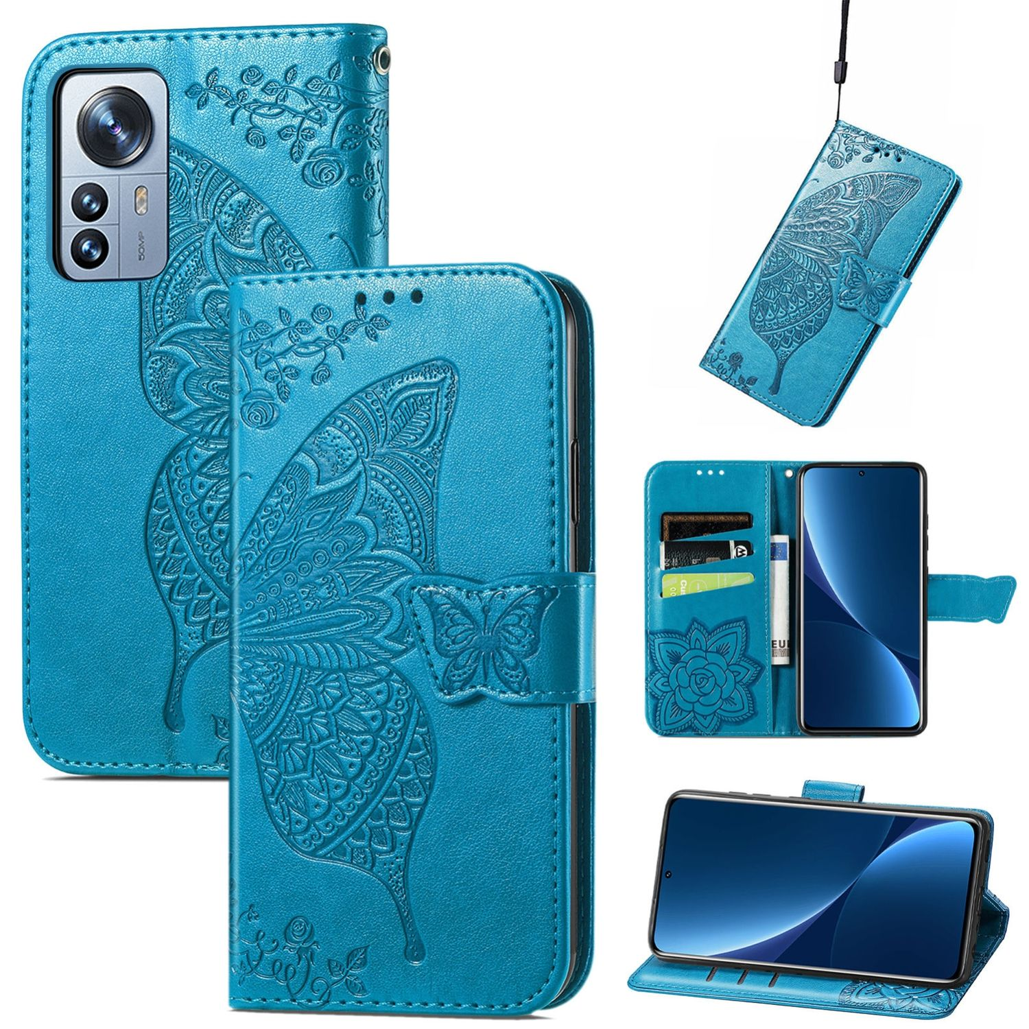 Blaue Handyhülle mit Schmetterlingsdesign. Mehrere Ansichten, einschließlich offen, geschlossen und hinten.