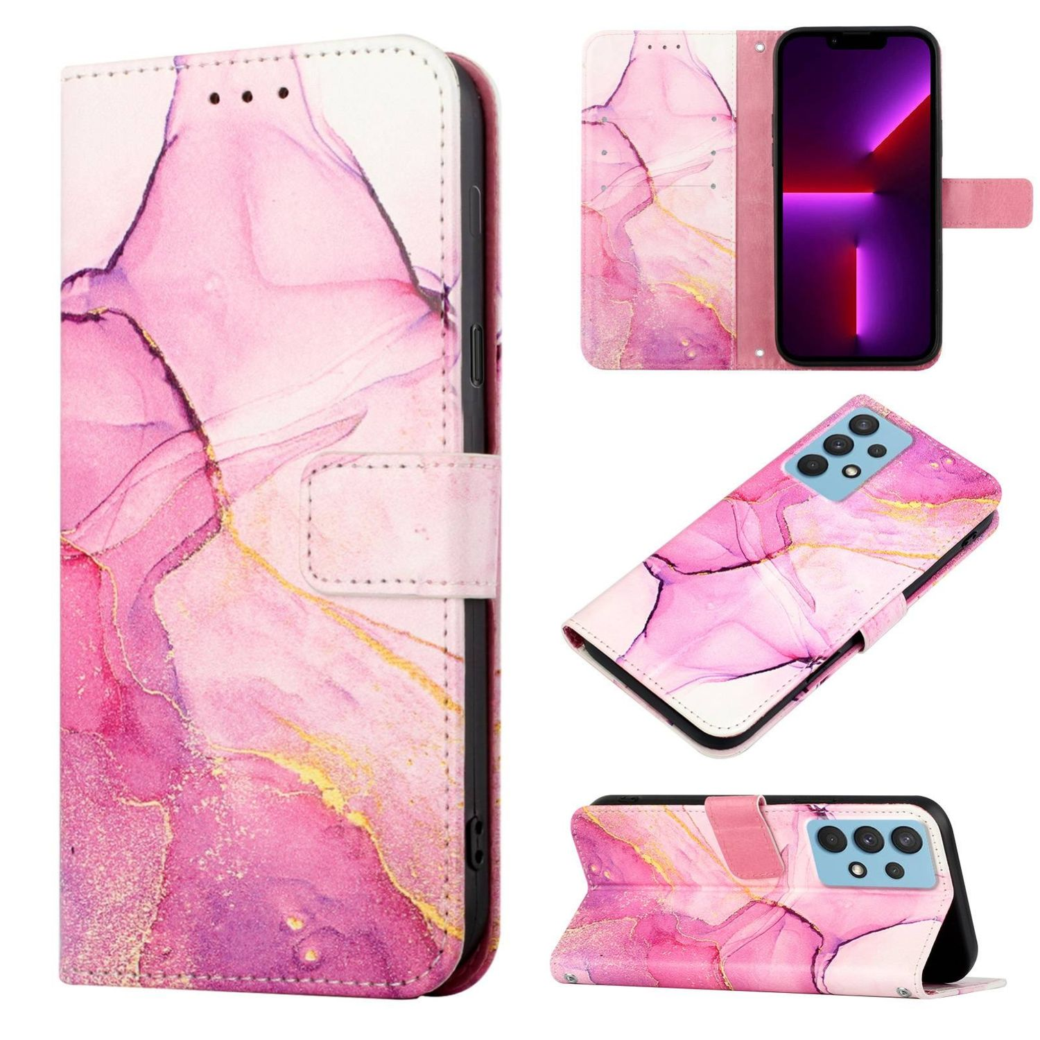 Rosa Handyhülle mit Marmordesign, offen, um das Telefon zu zeigen. Mehrere Ansichten.