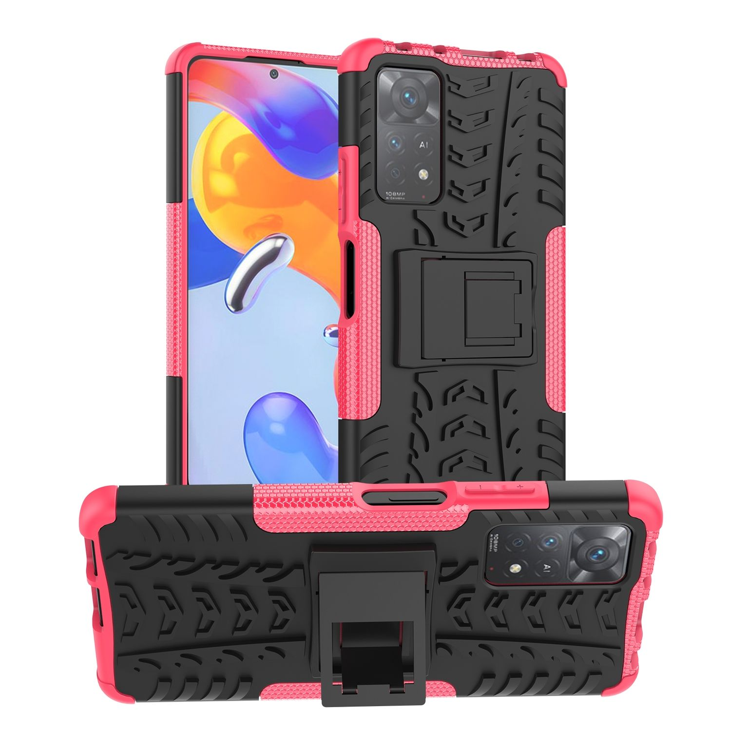 Drei Handyhüllen. Eine ist auf dem Telefon, die anderen beiden sind vorne. Rosa und schwarze Farben.