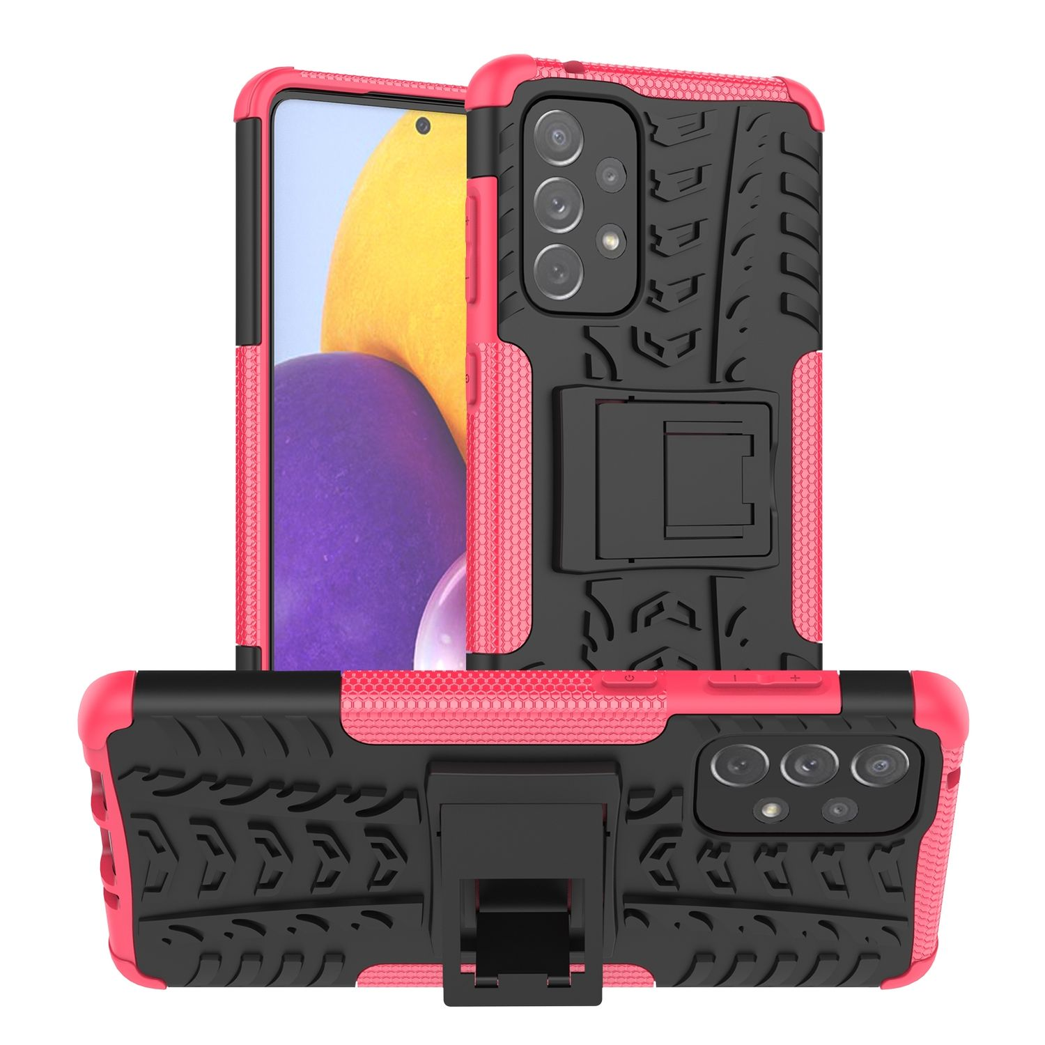 Pink-schwarze Handyhülle. Rückseite mit Ständer und Stoßfänger.