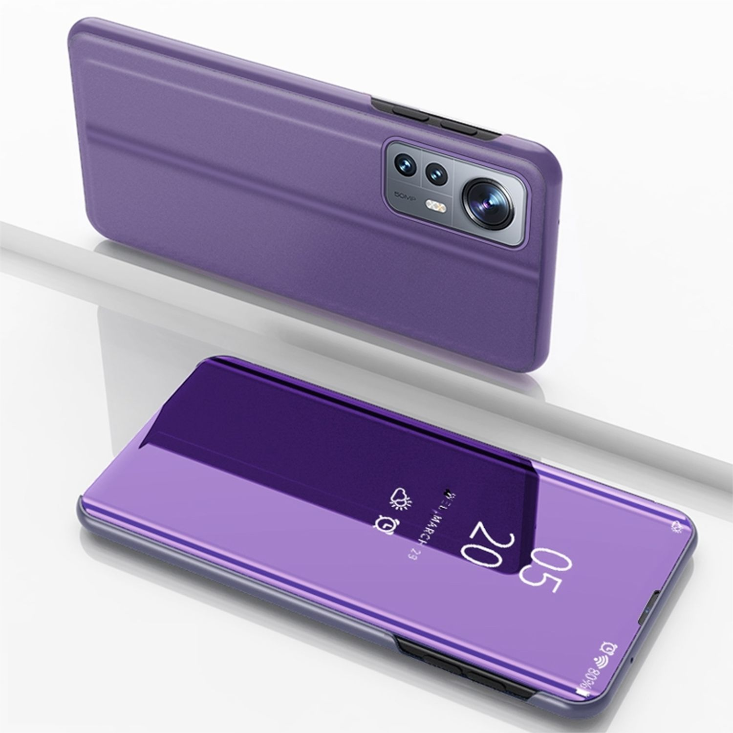 Lila Handyhülle mit Datums- und Zeitanzeige und einem Telefon.