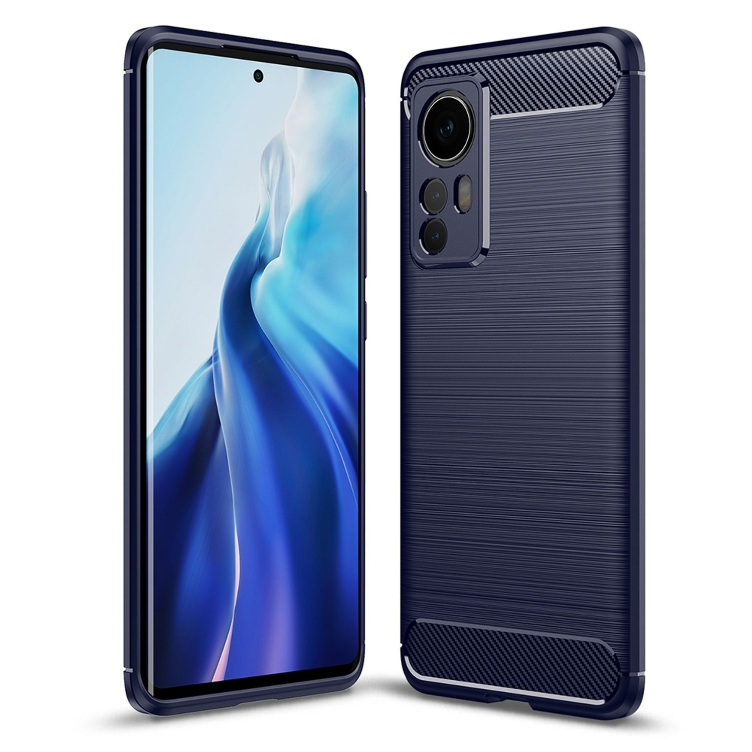 Smartphone in dunkelblauer Hülle, Vorder- und Rückansicht auf Weiß.