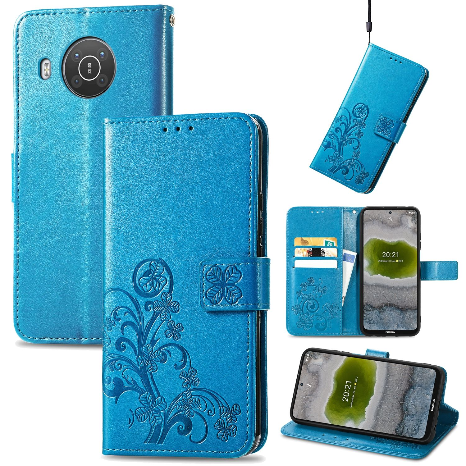 Eine blaue Handyhülle in mehreren Ansichten, die das Telefon, Karten und seine Funktionen zeigt.