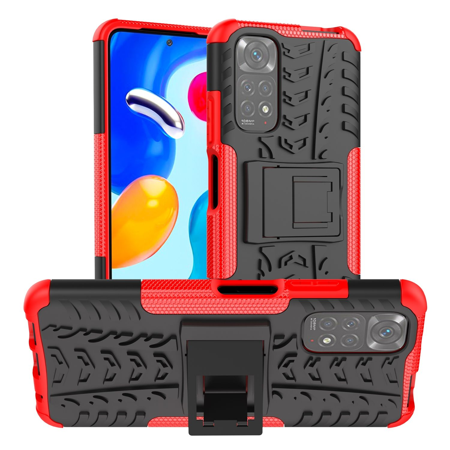 Rote und schwarze Handyhülle mit robustem Design. Vorder- und Rückansicht der Handyhülle.
