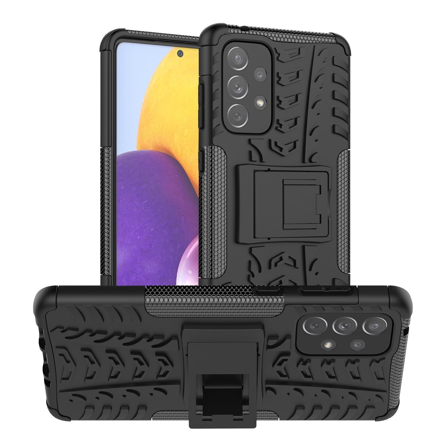 Schwarze Telefonhülle mit strukturiertem Design, Ständer und Kameraausschnitten. Telefonbildschirm sichtbar.