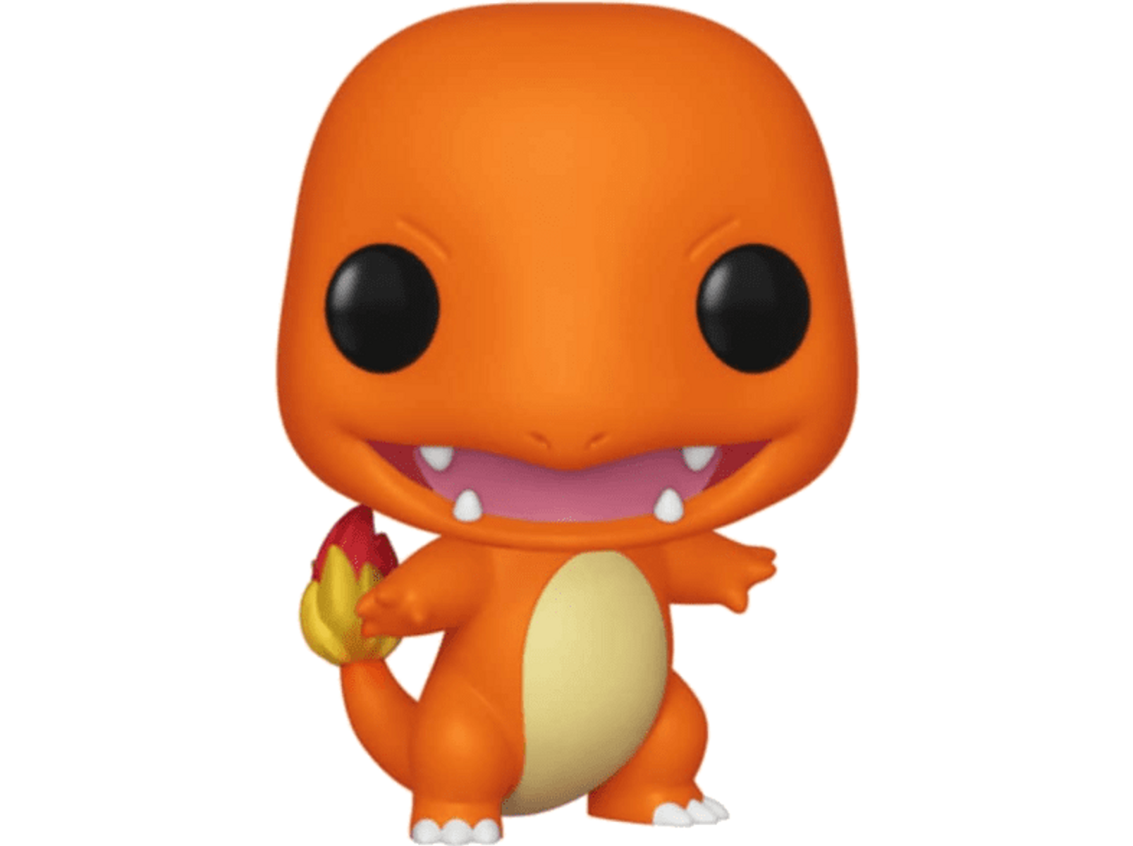 Eine Charmander Funko Pop Figur. Es ist orange mit schwarzen Augen und einer Flamme am Schwanz.