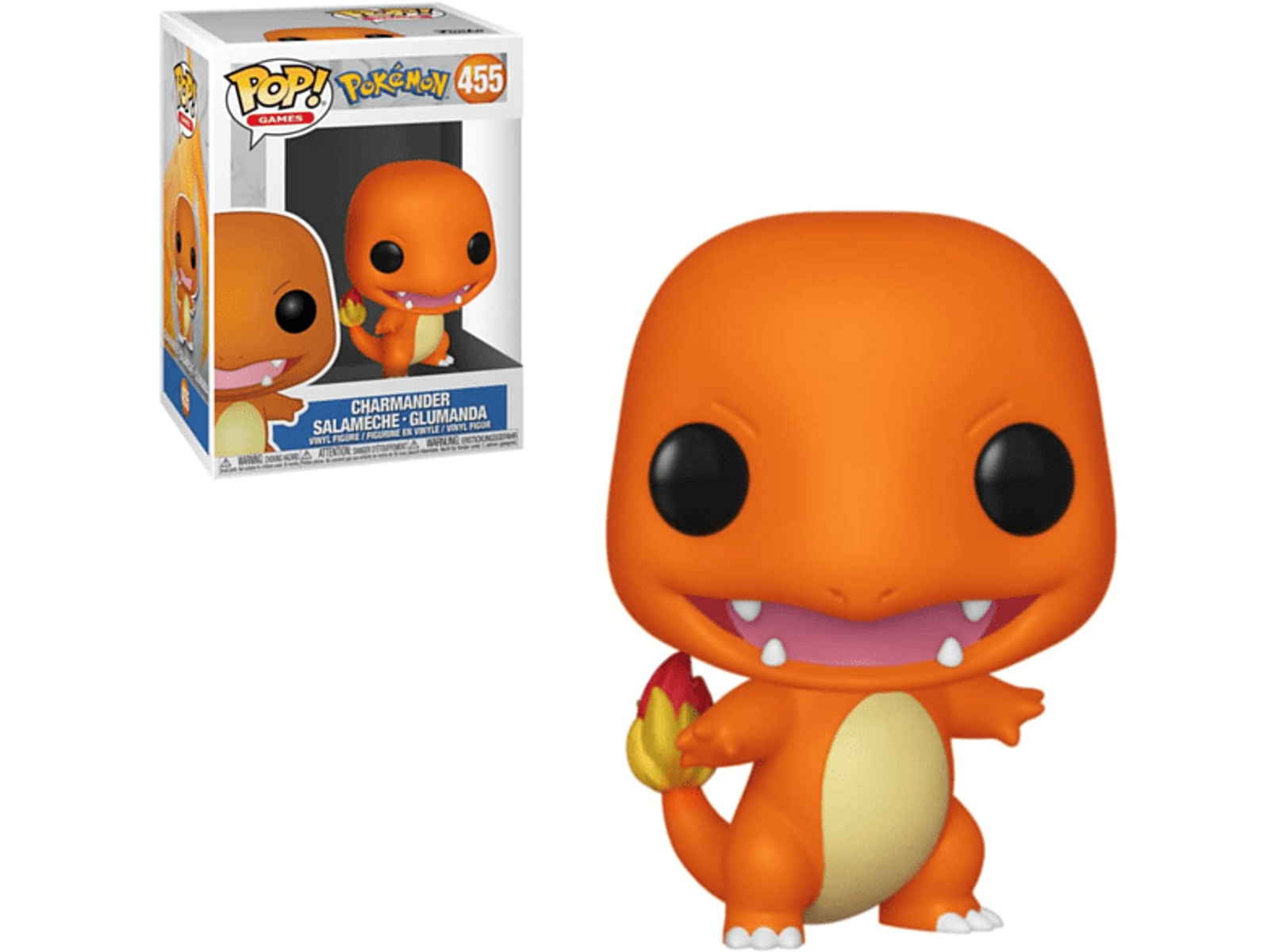Orangene Charmander Funko Pop Figur mit Box. Die Figur hält eine Flamme.