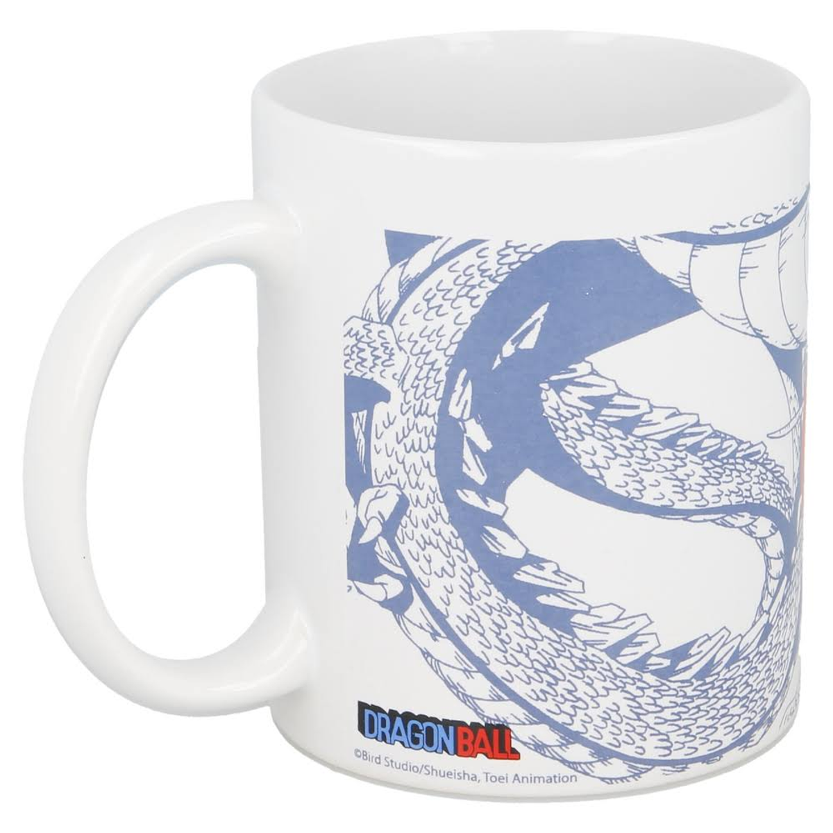 Eine weiße Tasse mit einem blauen Drachen-Grafik aus der Dragon Ball-Serie.
