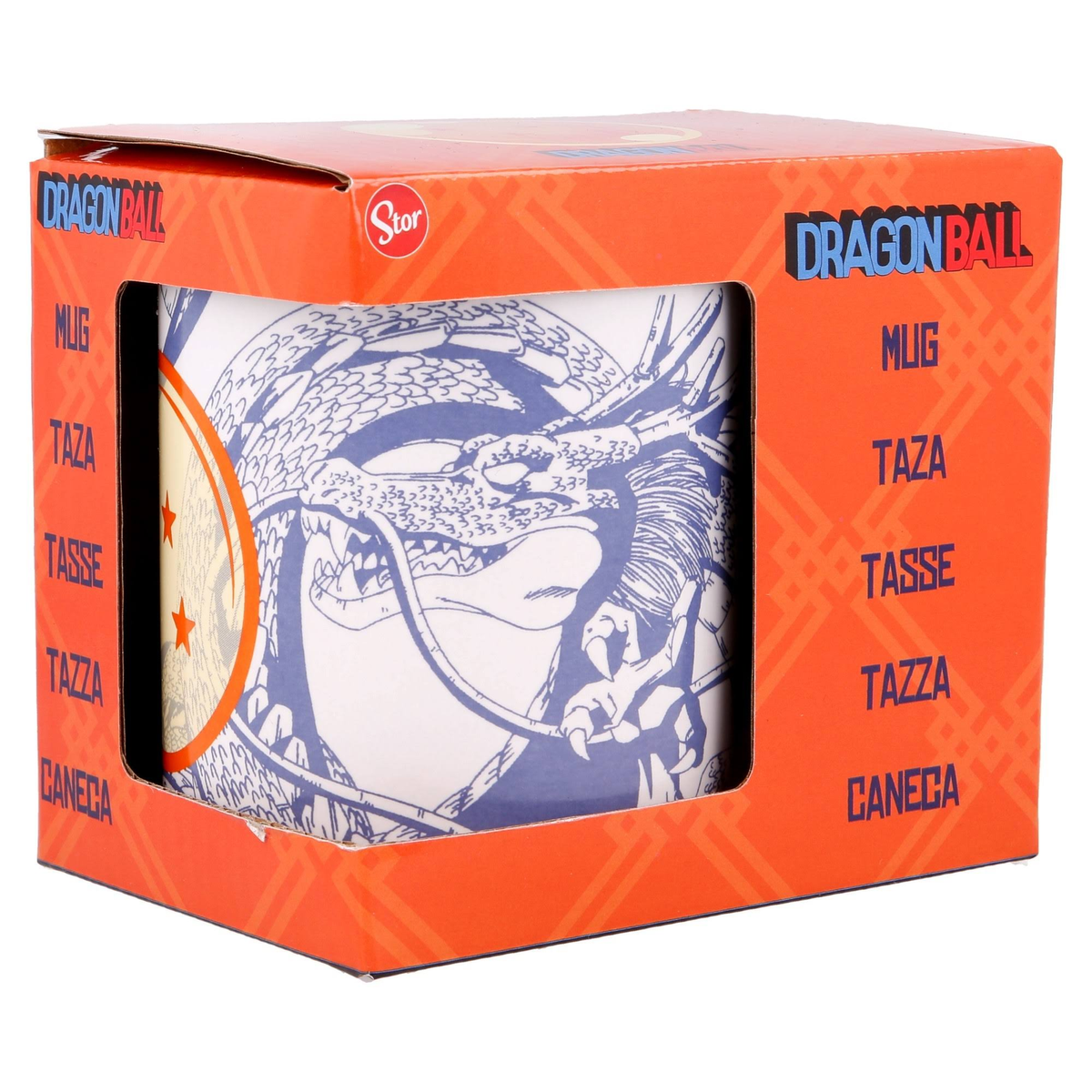 Dragon Ball-Tasse in einer Box. Blaue Drachenillustration auf der Tasse. Orangefarbene Box mit Text.