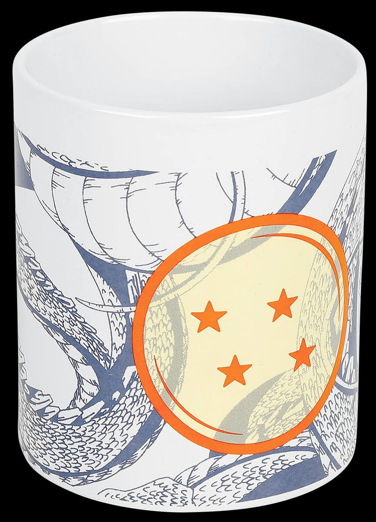 Weiße Tasse mit Dragon Ball-Design, orangefarbenen Sternen und Kreis, schwarzer Hintergrund.