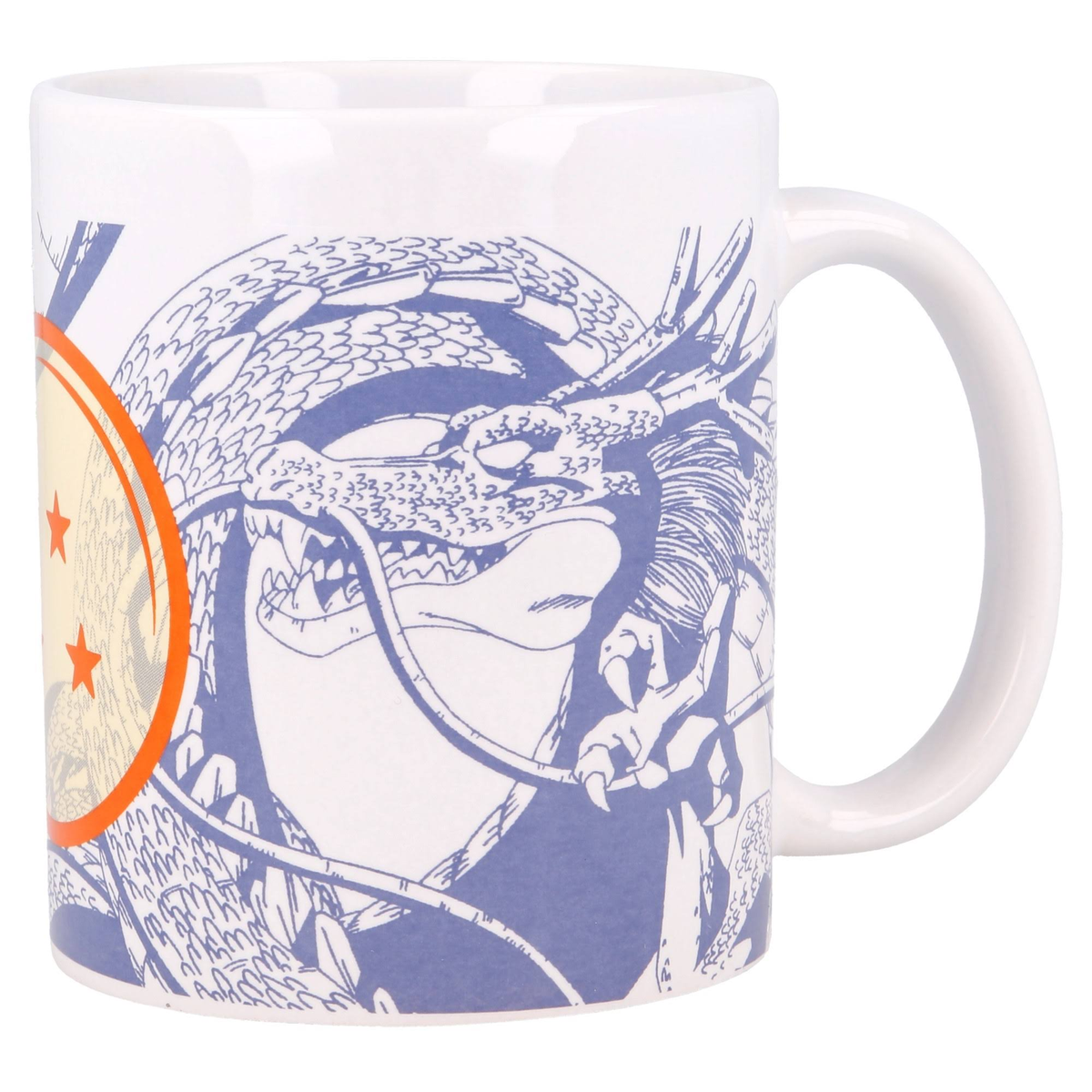 Weißer Becher mit blauer Drachenillustration und gelber Kugel mit Sternen.