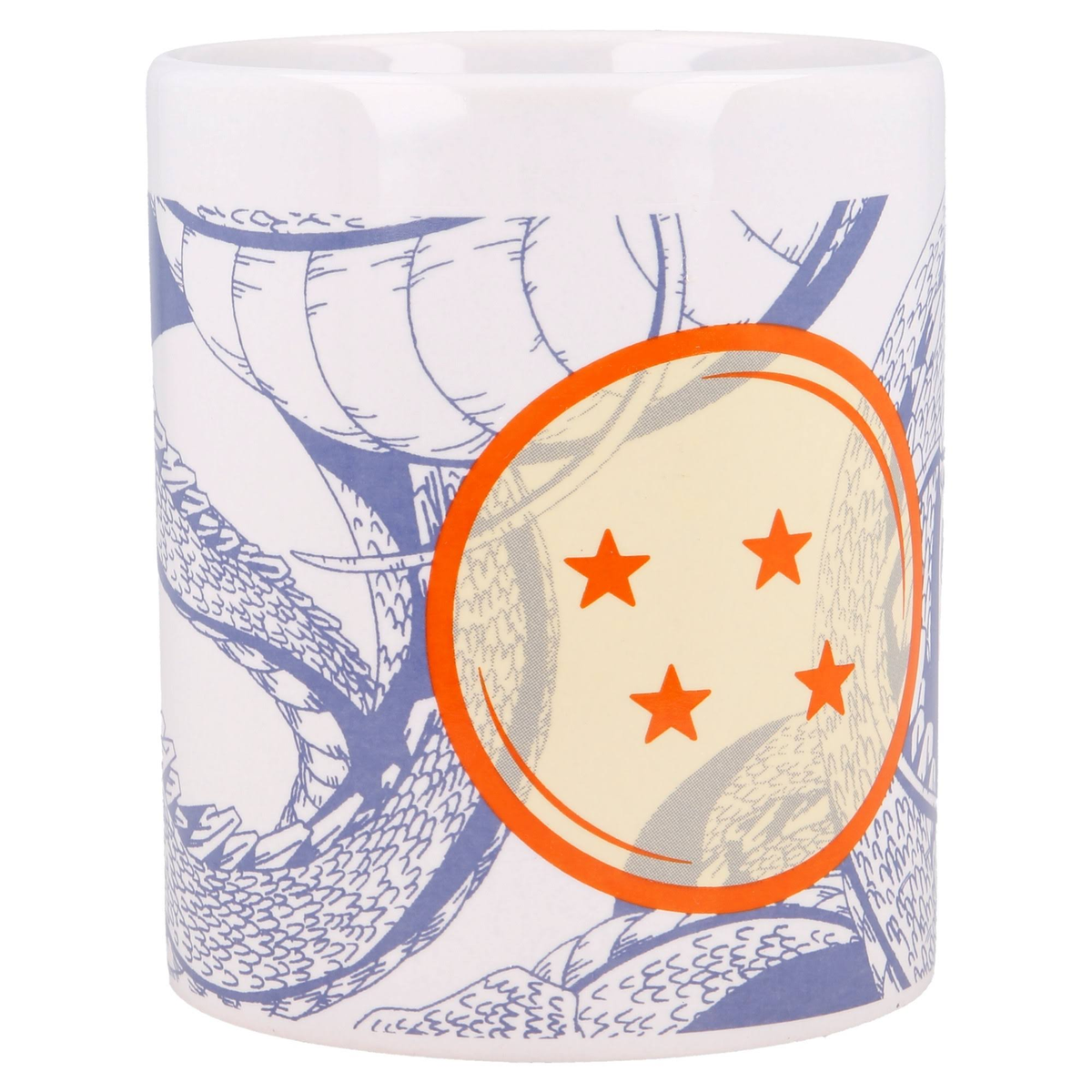 Weiße Tasse mit Dragon Ball Design und Vier-Sterne-Design in einem gelben Kreis.