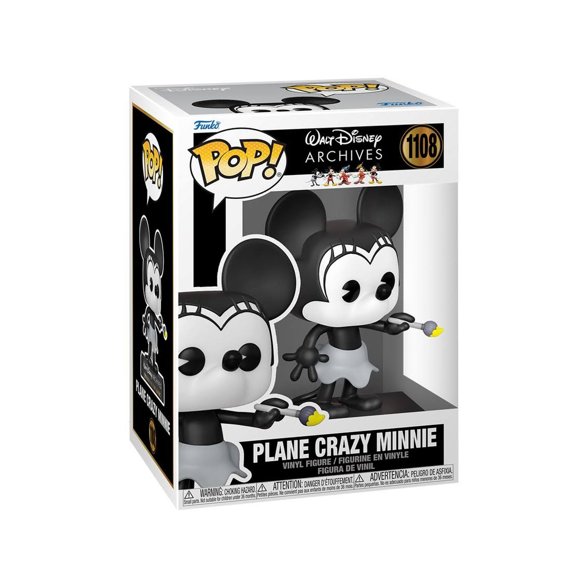 Figurka Funko Pop Plane Crazy Minnie w pudełku. Czarno-biała Myszka Minnie z żółtymi akcentami.