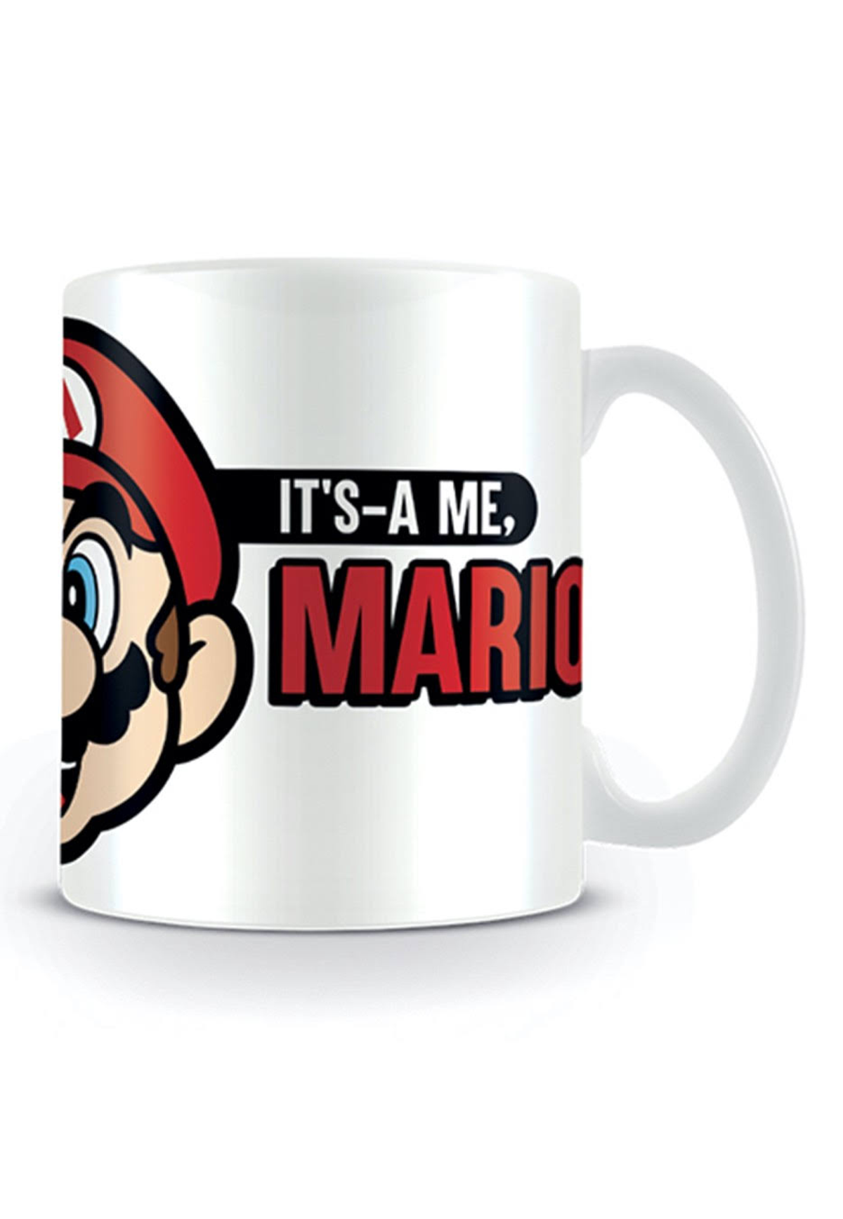 Tazza bianca con la faccia di Mario e la scritta "IT'S-A ME, MARIO" su sfondo bianco.