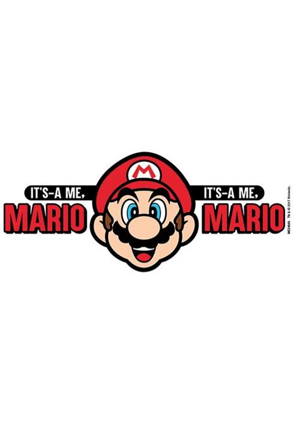 Faccia di Mario e testo. Cappello rosso, baffi e viso sorridente. Il testo dice 'It's-a me, Mario'.