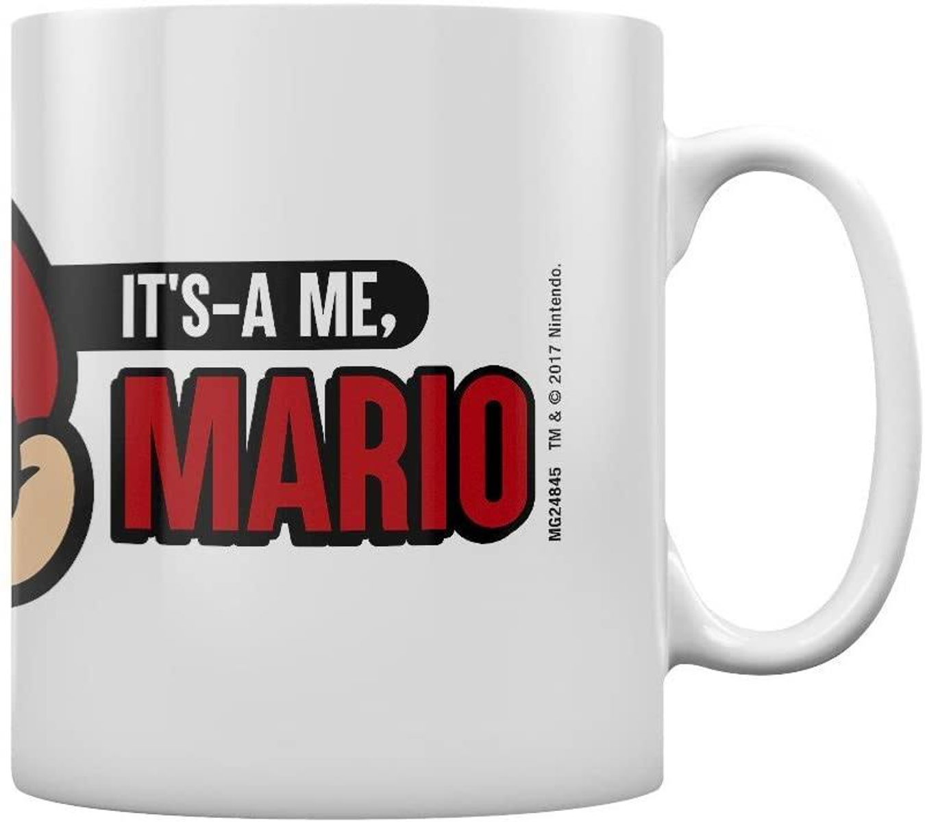 Tazza bianca con citazione di Mario in rosso e nero. Il manico è a destra.