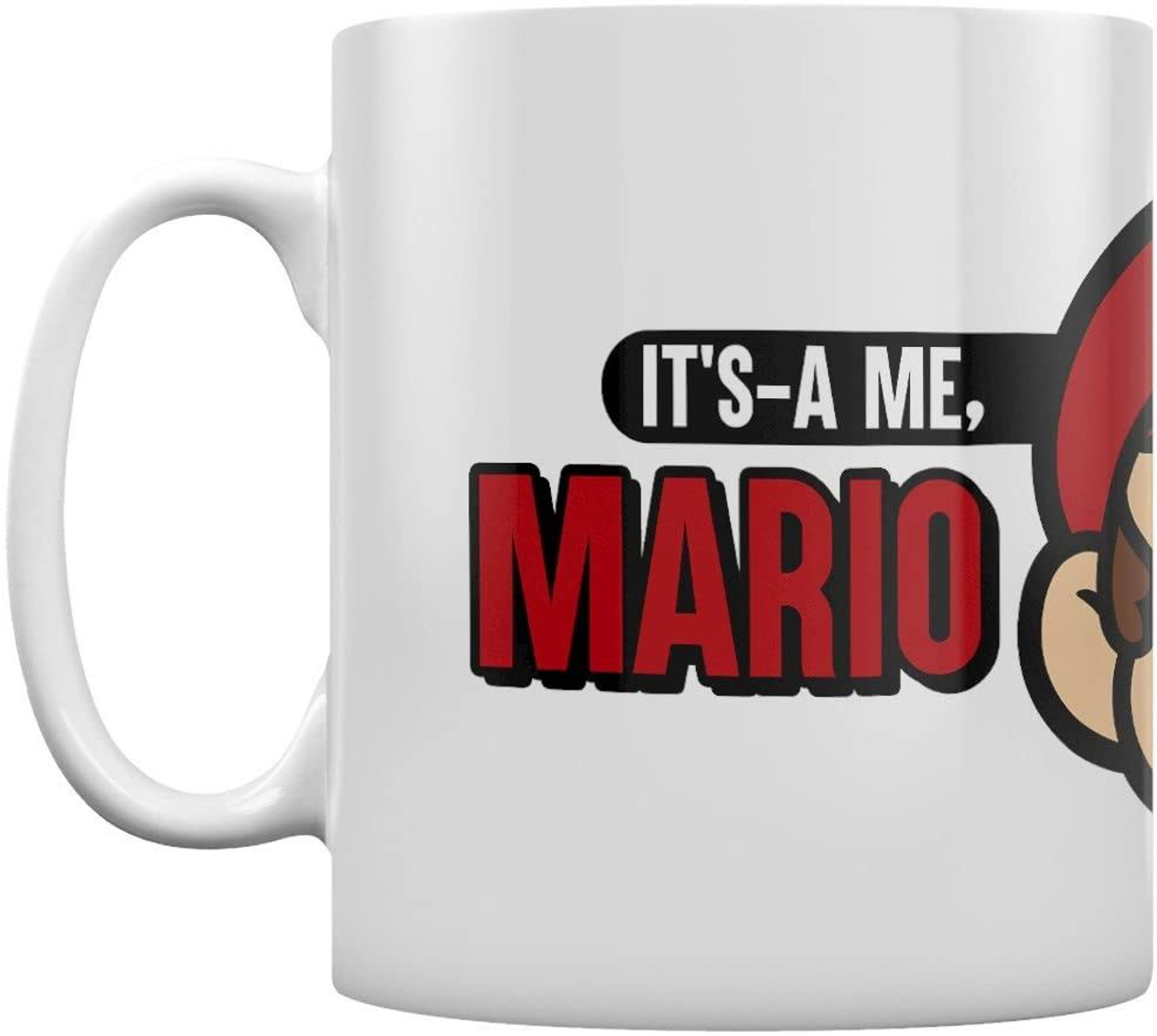 Tazza bianca con testo 'It's-a me, Mario' e personaggio.