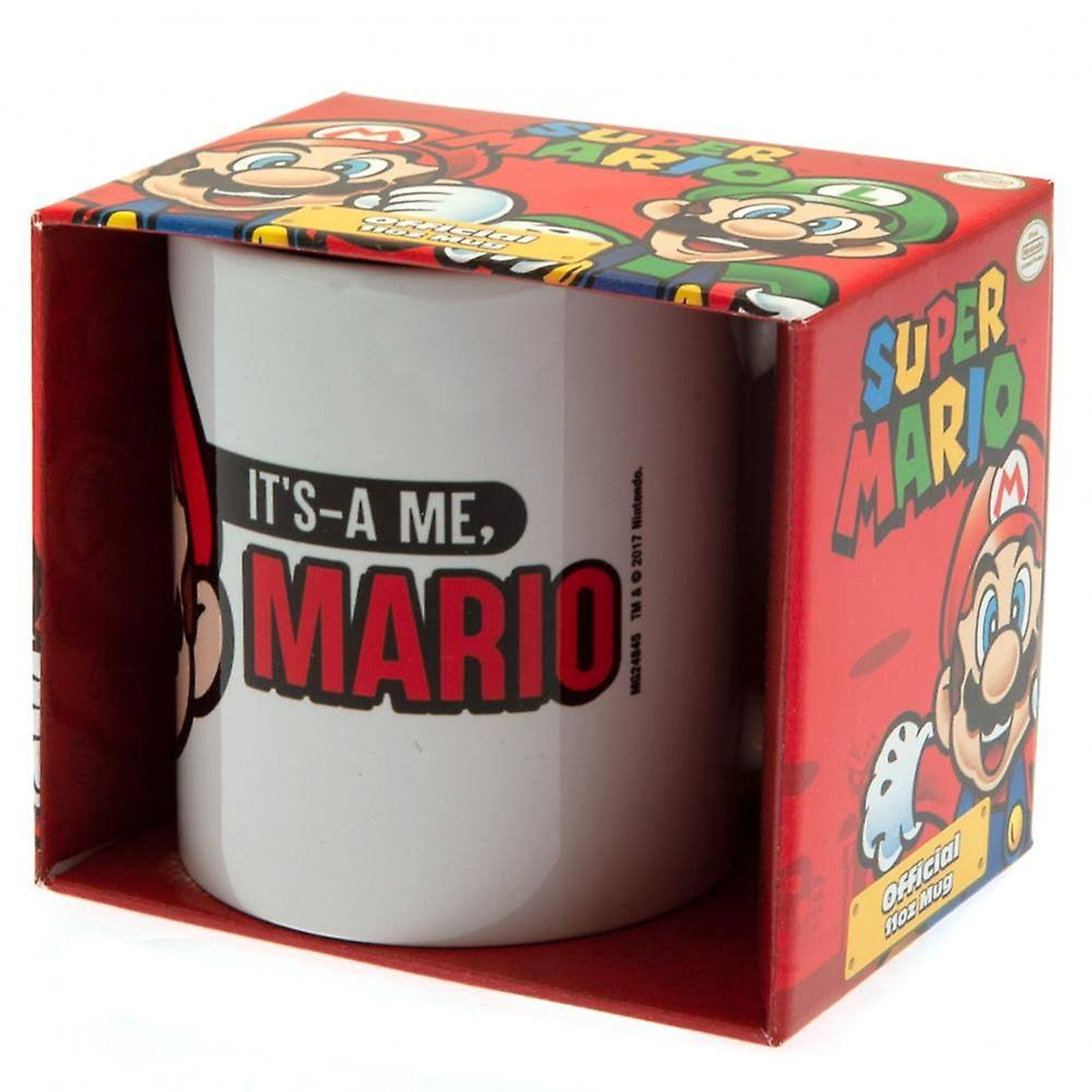 Una tazza di Super Mario in una scatola rossa. La tazza presenta 'IT'S-A ME, MARIO' e immagini di Mario.