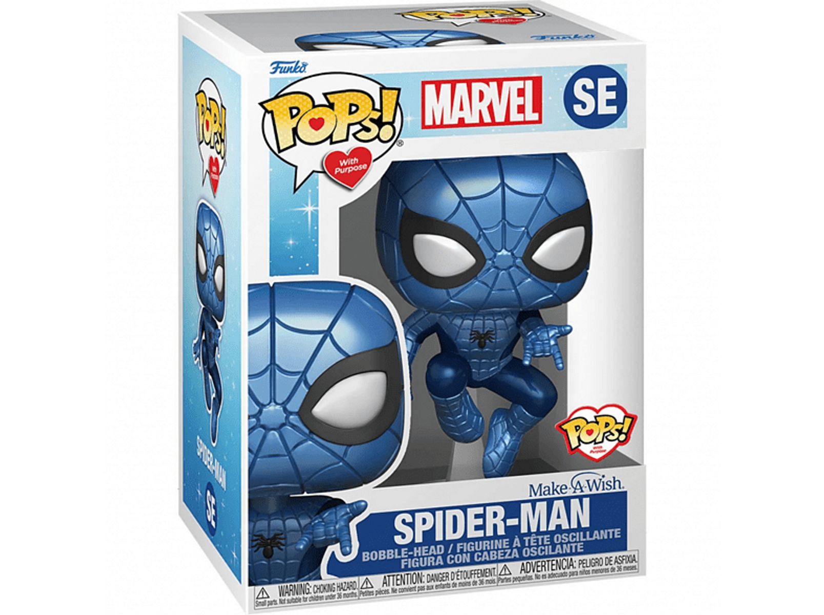 Figura Funko Pop di Spider-Man blu in scatola. Figura a mezz'aria, tuta blu, scatola con logo.