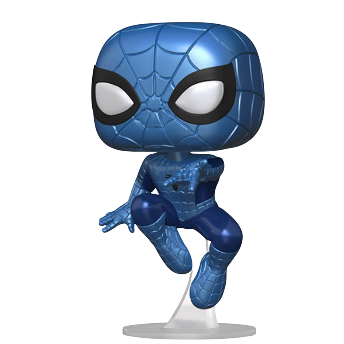 Figurina Funko Pop di Spider-Man blu, in posa dinamica su supporto bianco, sfondo nero.