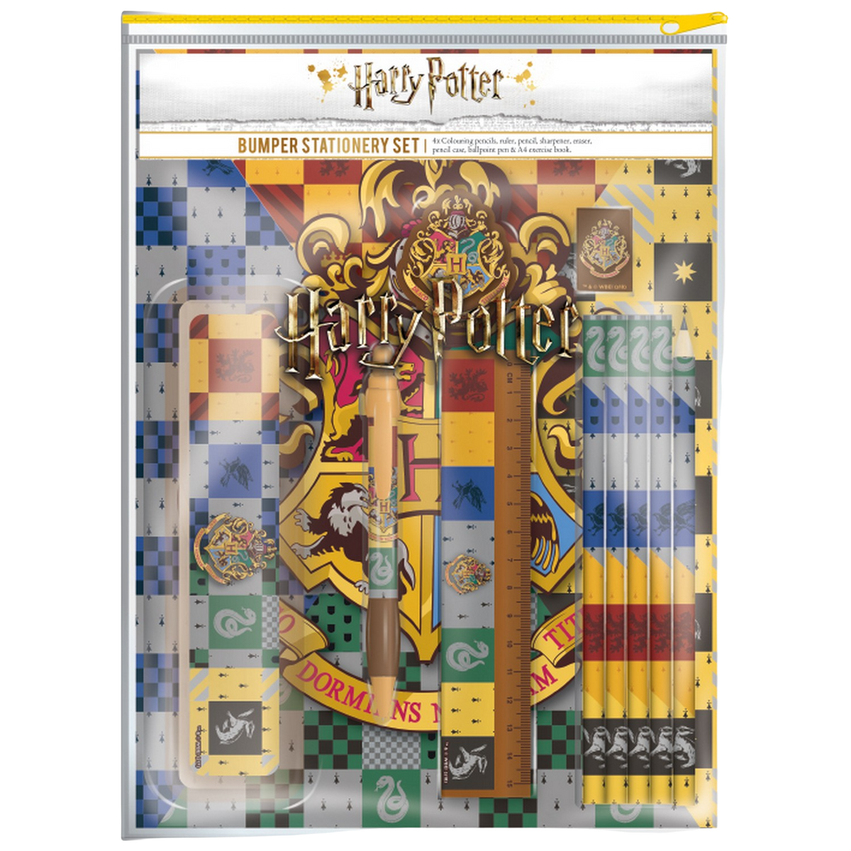 Set de papelería de Harry Potter. Incluye lápices, bolígrafos, regla y un cuaderno, con el logo.