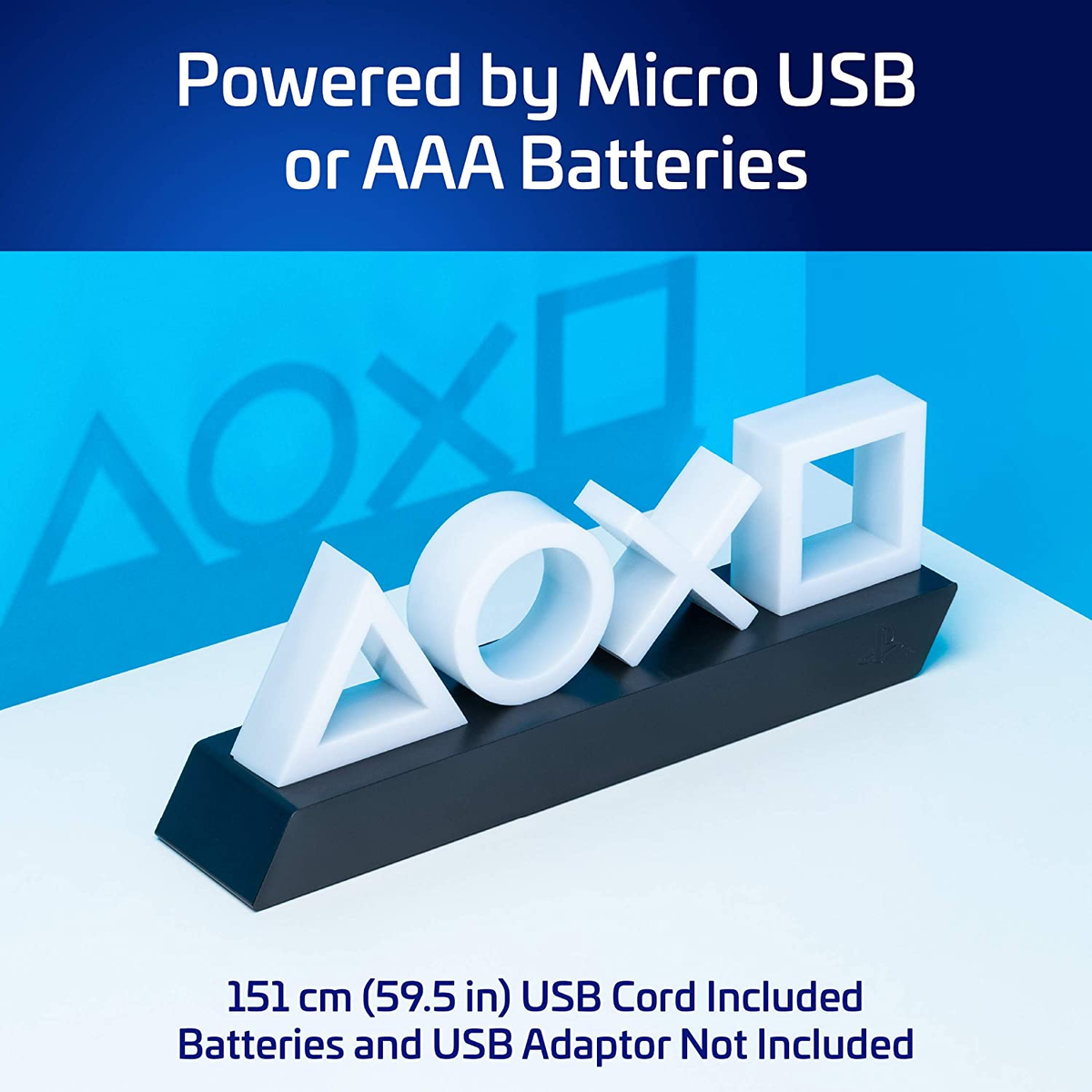 Weiße PlayStation-Symbole auf schwarzer Basis, Stromversorgung über USB oder AAA-Batterien.
