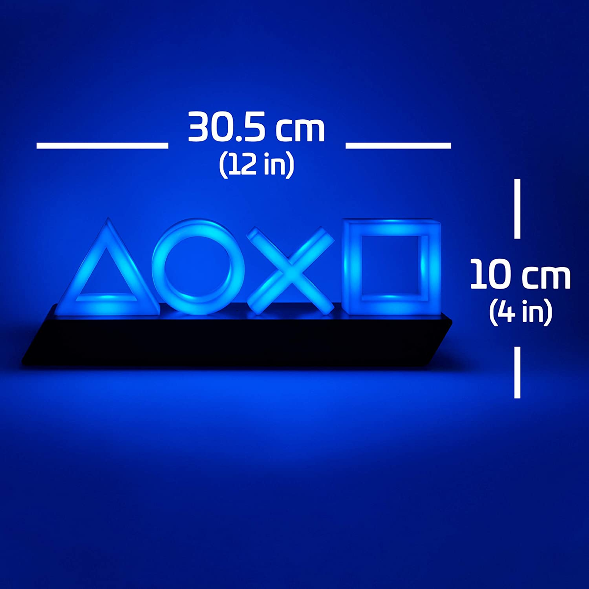 Blaue Neonlichtanzeige der PlayStation-Symbole auf schwarzer Basis.