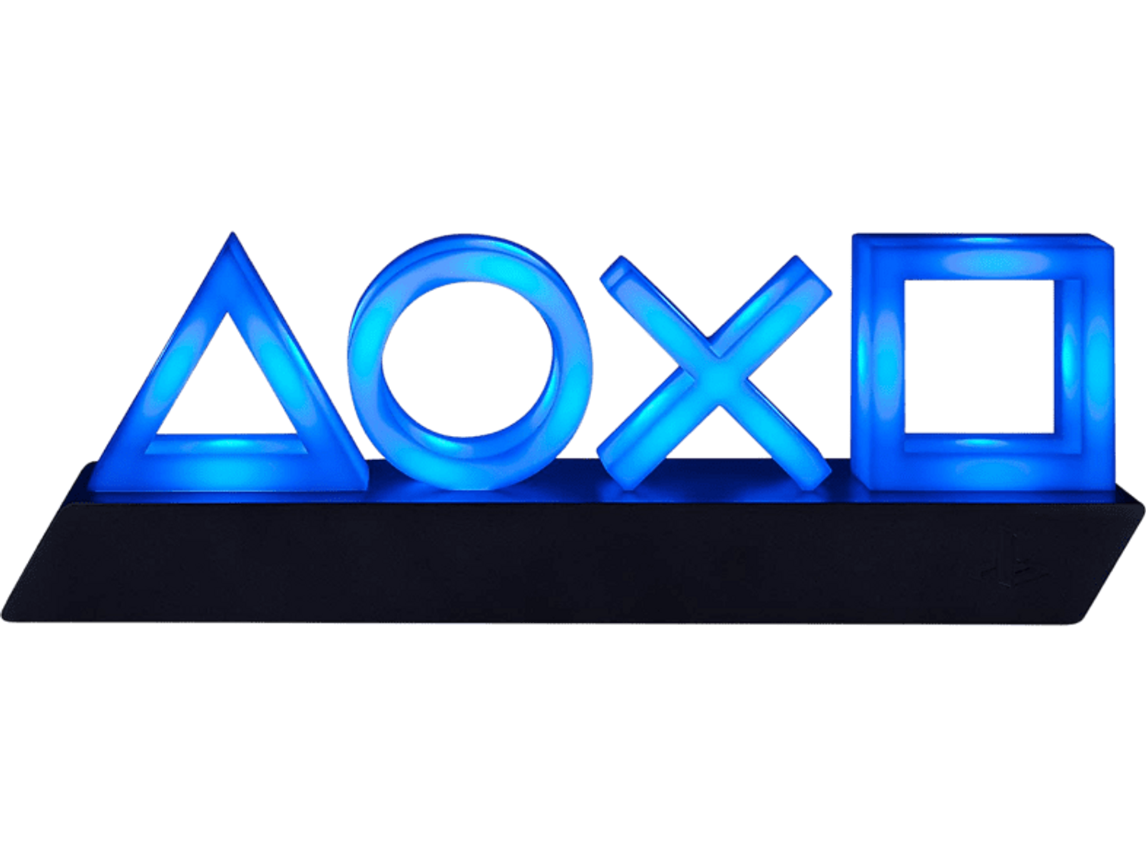 Blau beleuchtete PlayStation-Symbole: Dreieck, Kreis, X und Quadrat auf schwarzem Sockel.