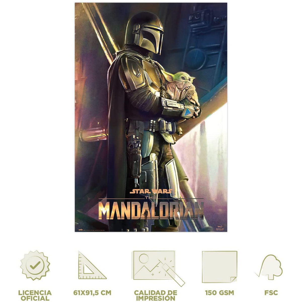 Mandaloriano sosteniendo a Baby Yoda. Póster con logo de Star Wars e información debajo.