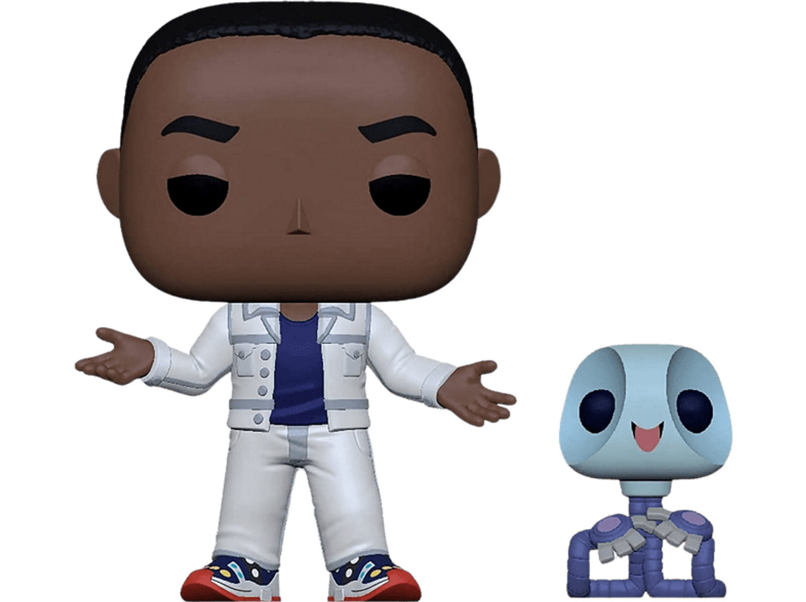Una figura de Funko Pop de un hombre con chaqueta blanca y un robot azul.