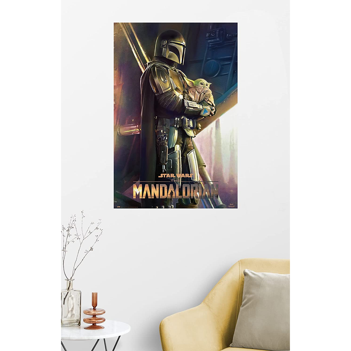 Póster de Mandalorian con el Mandaloriano sosteniendo a Grogu, con el logo de Star Wars.