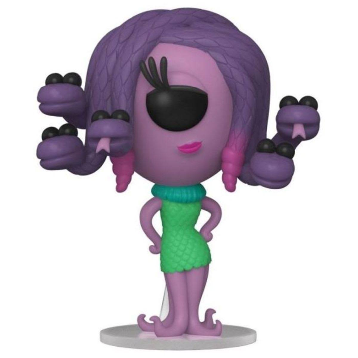 Figura Funko Pop de Medusa, cabello morado, vestido verde, sobre una base blanca.