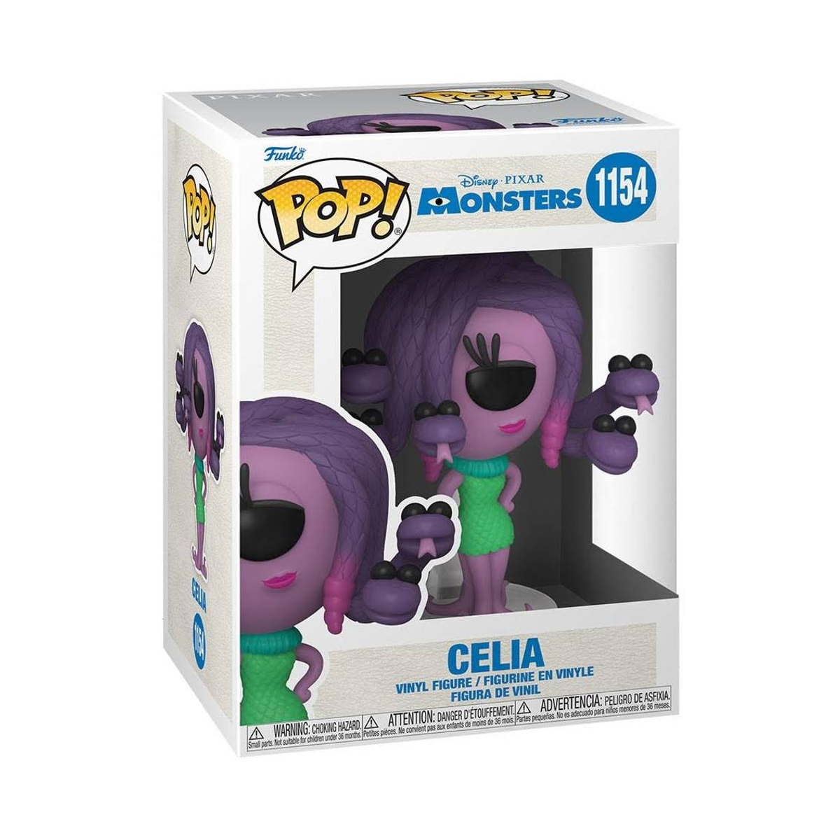 Una figura Funko Pop de Celia de Monstruos S.A. en una caja de exhibición. Celia es morada y verde.