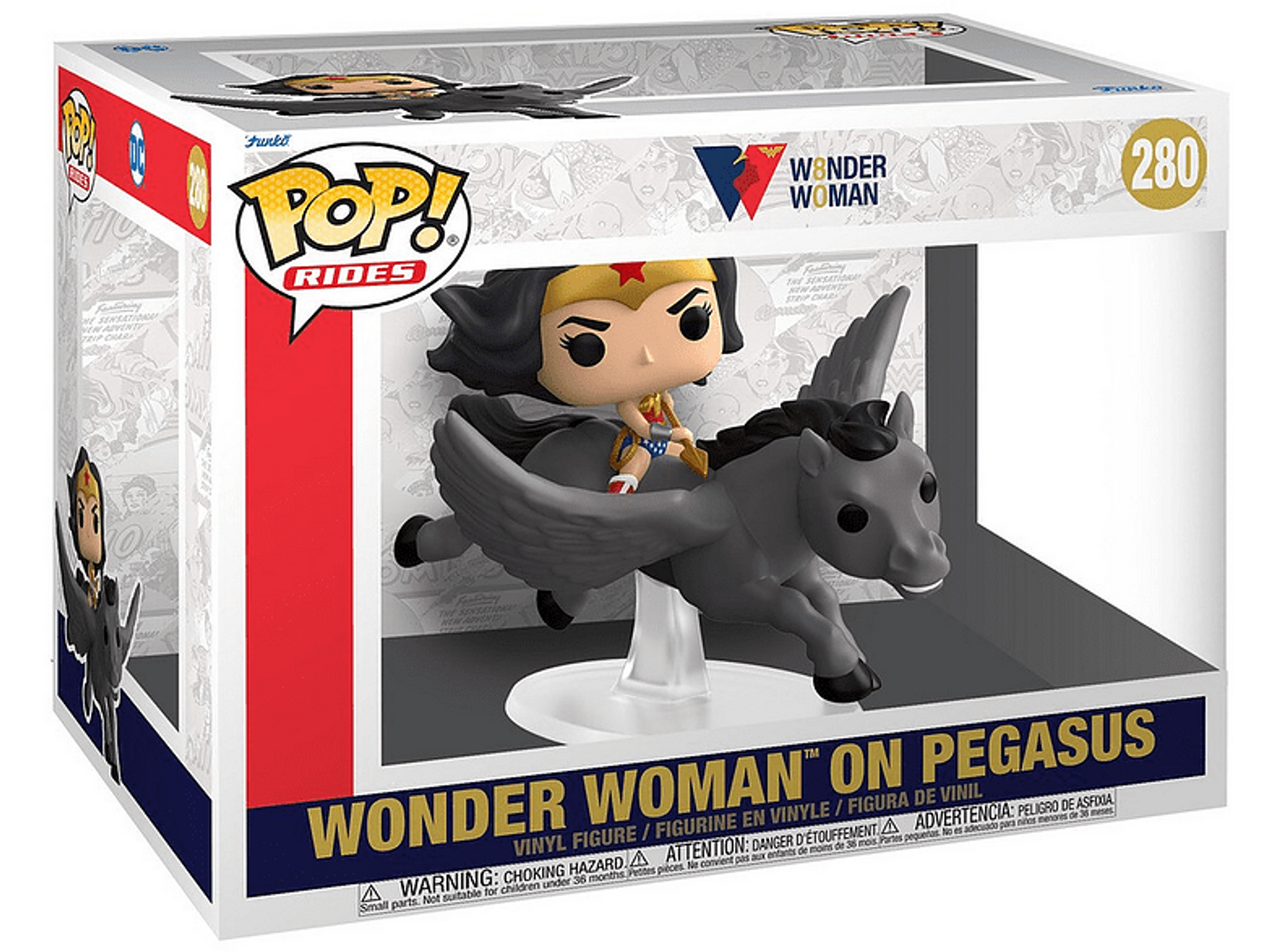 Wonder Woman auf Pegasus, eine Spielfigur in einer Box. Die Box zeigt das Funko Pop! Rides Logo.