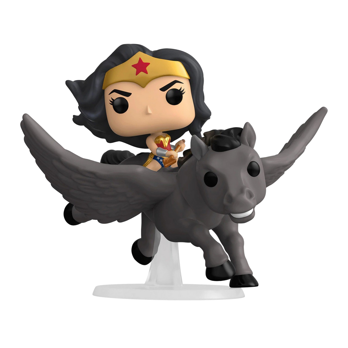Wonder Woman Funko Pop-Figur auf einem geflügelten Pferd. Figur auf einem durchsichtigen Ständer, auf schwarzem Hintergrund.