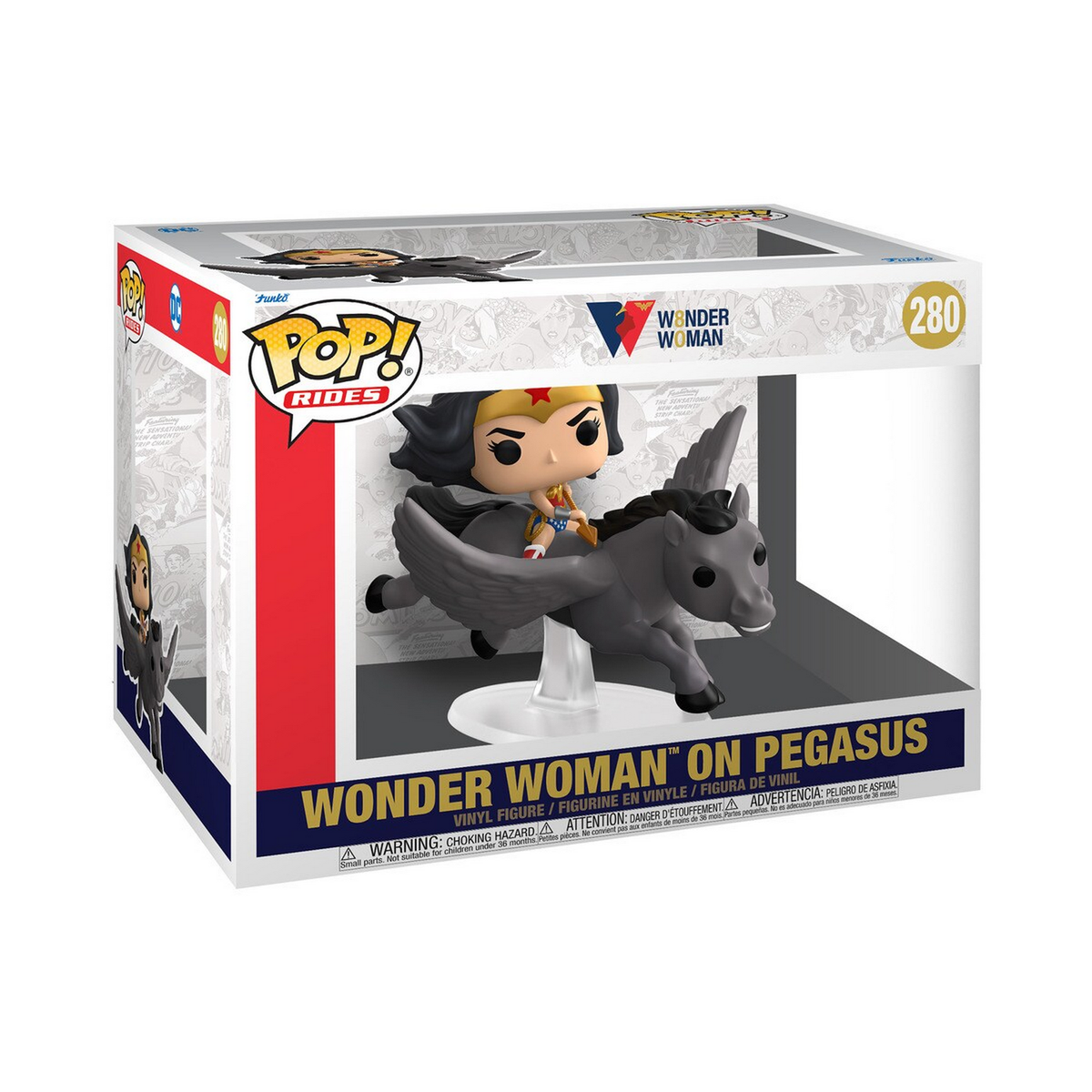 Funko Pop! Wonder Woman auf Pegasus Figur in der Box. Wonder Woman reitet auf einem grauen Pegasus.