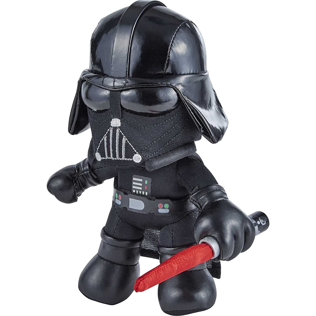 Peluche de Star Wars Darth Vader con un sable de luz rojo.