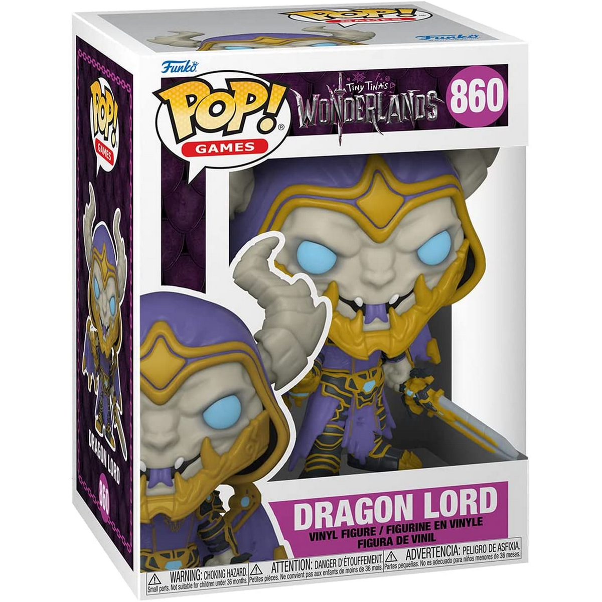 Funko Pop! Dragon Lord Figur in einer Box. Die Figur ist weiß, lila und gold, mit einem Schwert.