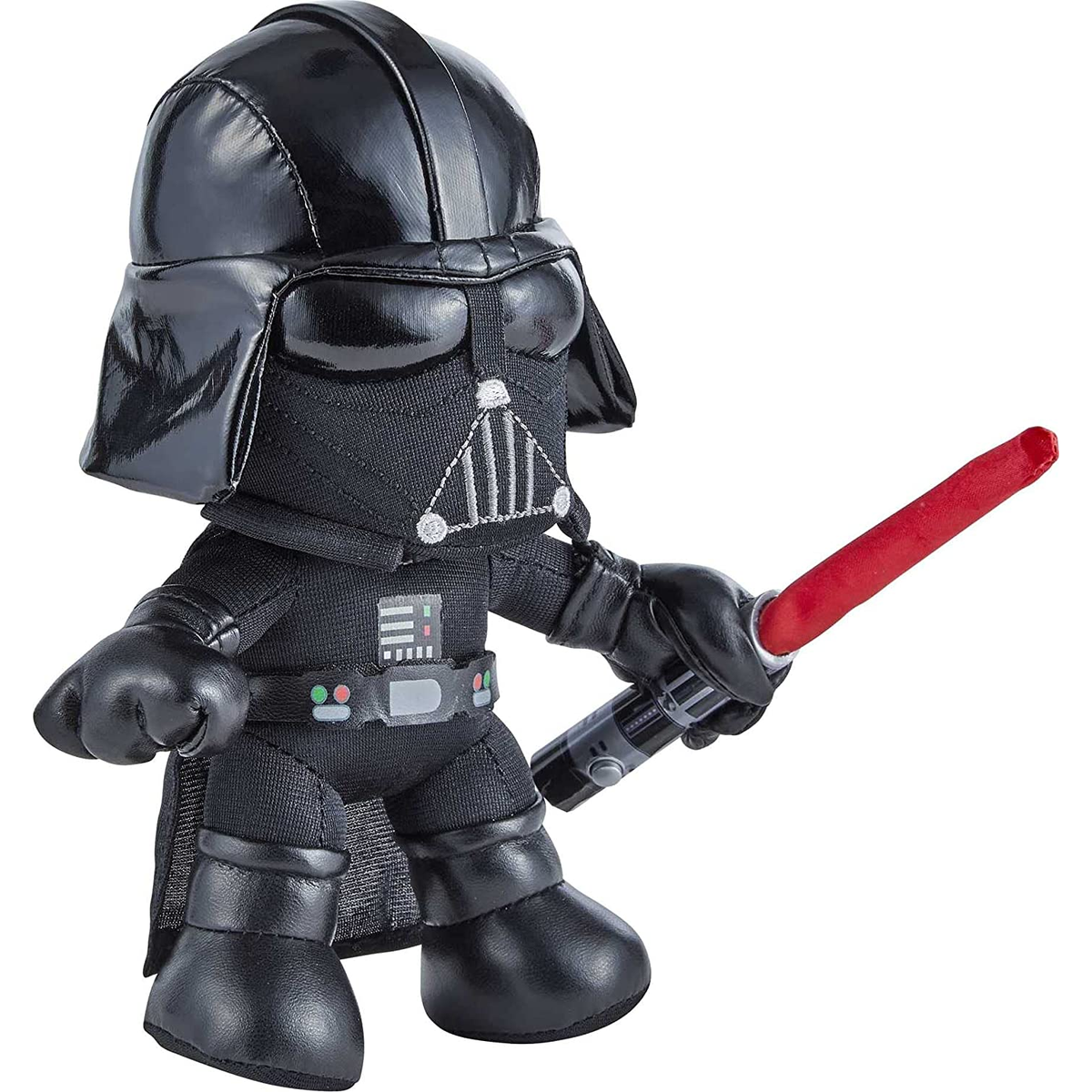 Peluche de Darth Vader sosteniendo un sable de luz rojo.